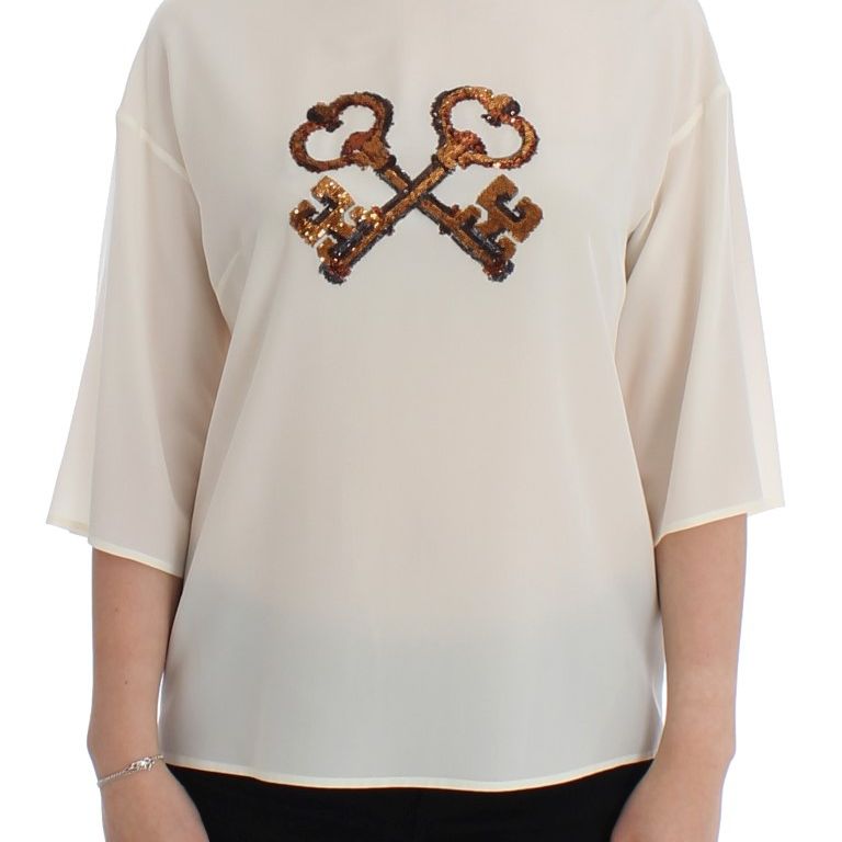 Dolce & Gabbana White Sequined Key Silk Blouse T-shirt Top
