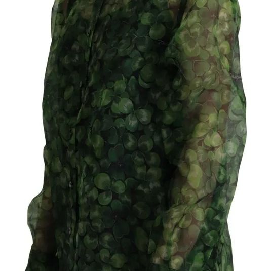 Dolce & Gabbana Green Clover Print Long Sleeves Collared Top Blouse