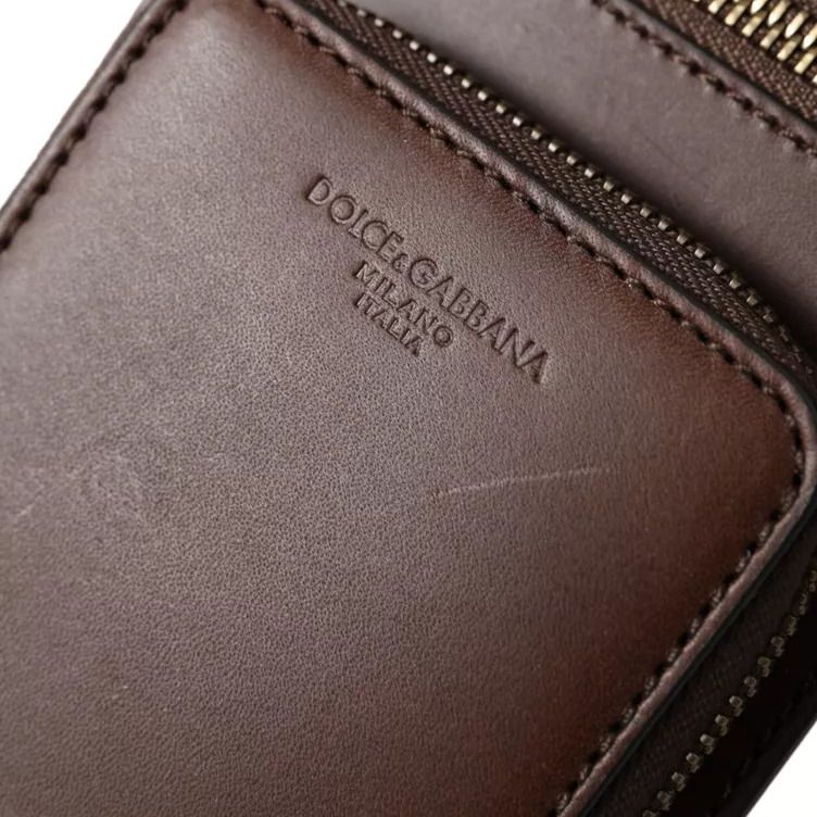 Dolce & Gabbana Brown Calf Leather Zip Logo Shoulder Neck Strap Wallet
