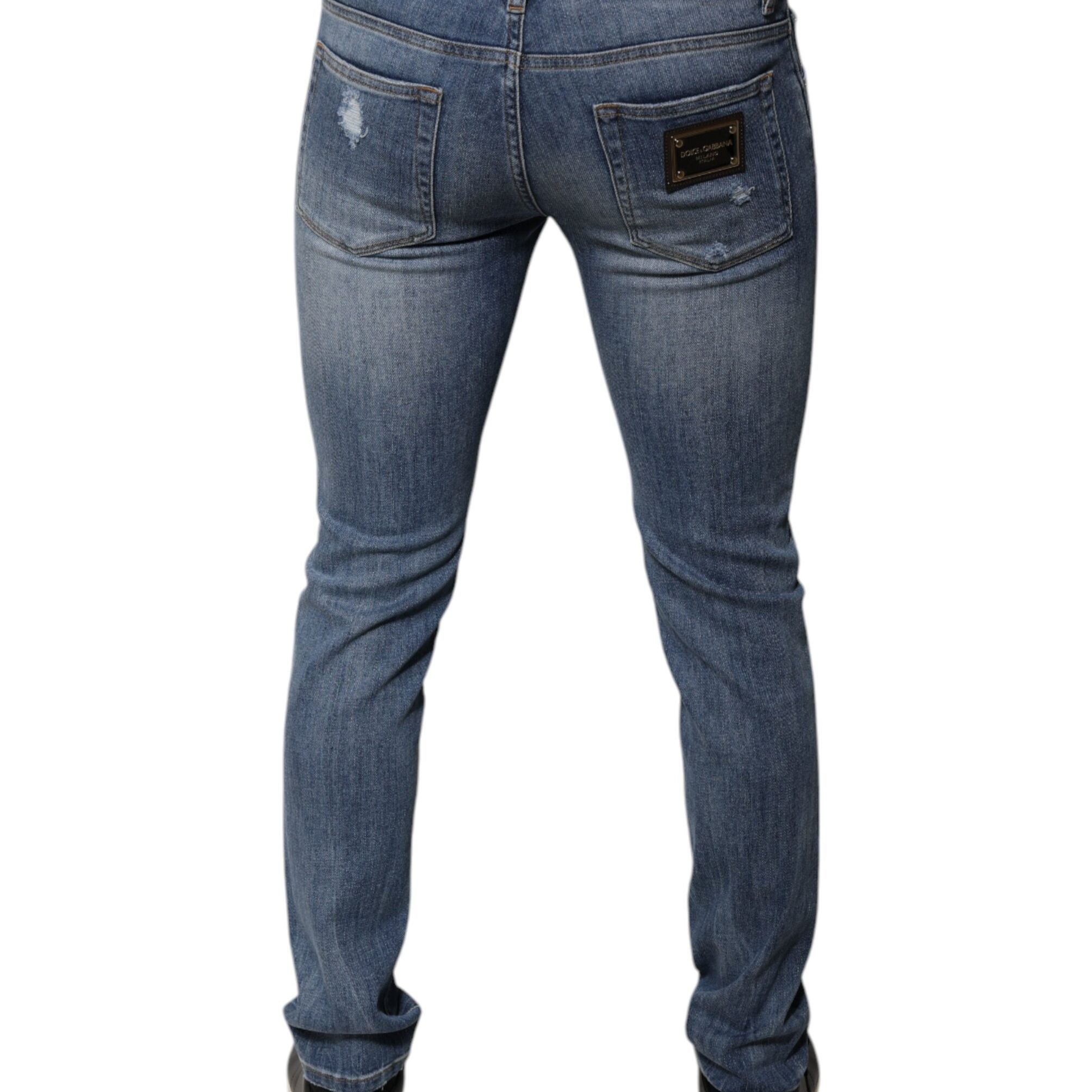 Dolce & Gabbana Blue Tattered Cotton Stretch Skinny Denim Jeans