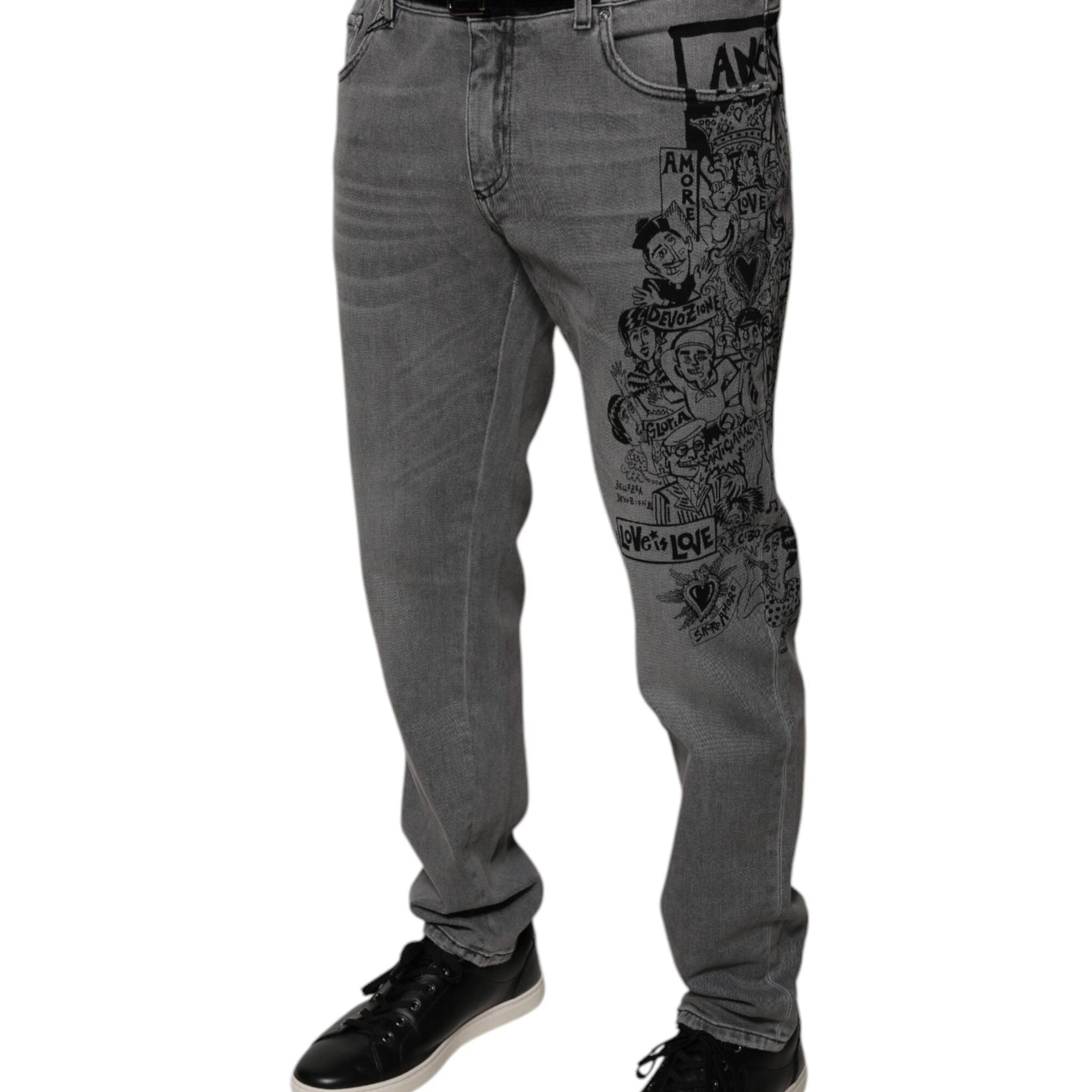 Dolce & Gabbana Gray Graphic Print Cotton Skinny Denim Jeans