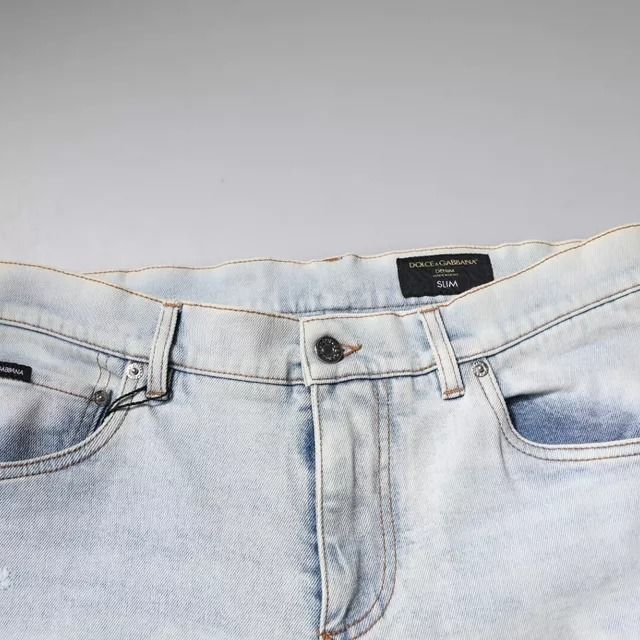 Dolce & Gabbana Light Blue Cotton Blend Tattered Skinny Denim Jeans