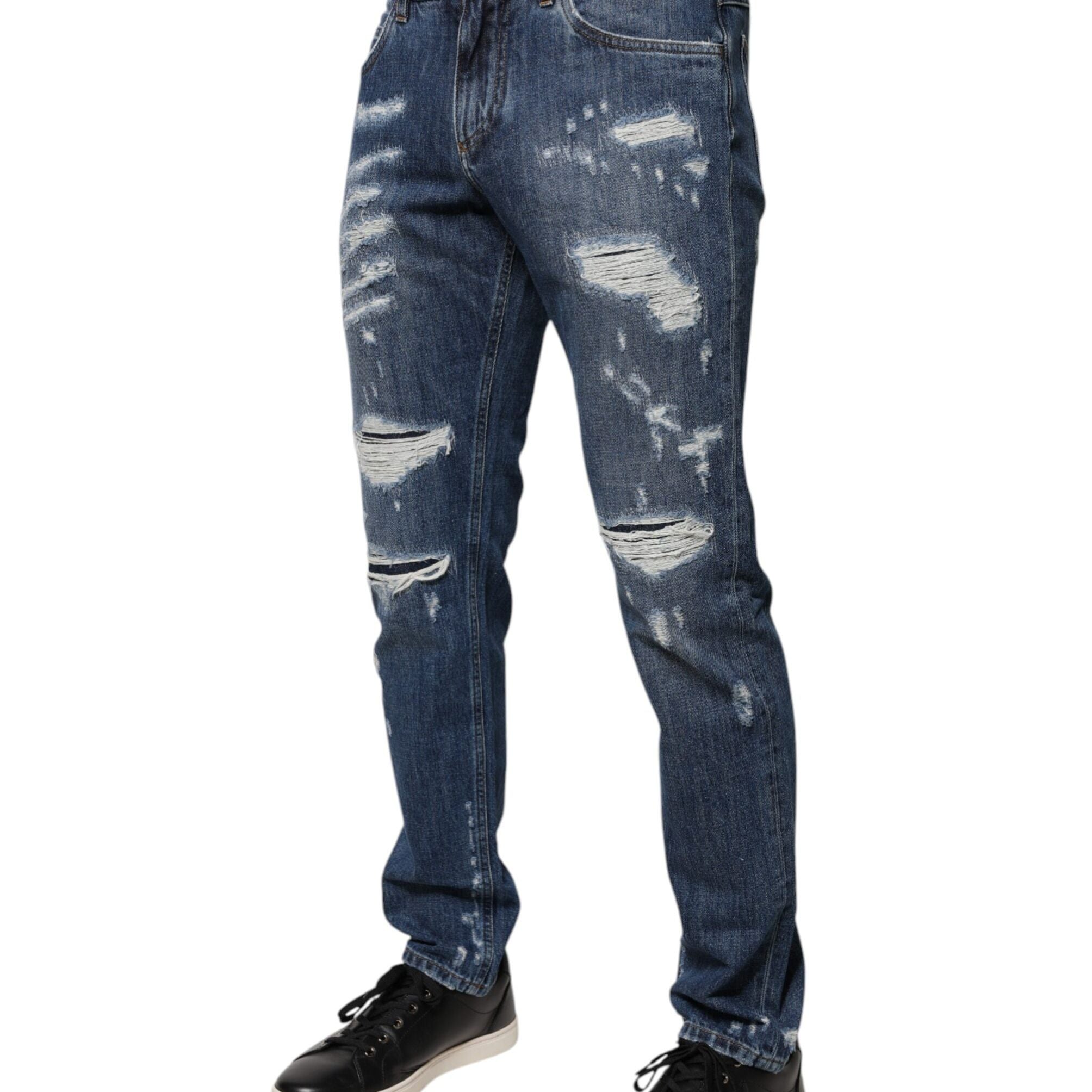 Dolce & Gabbana Blue Cotton Tattered Skinny Denim Jeans