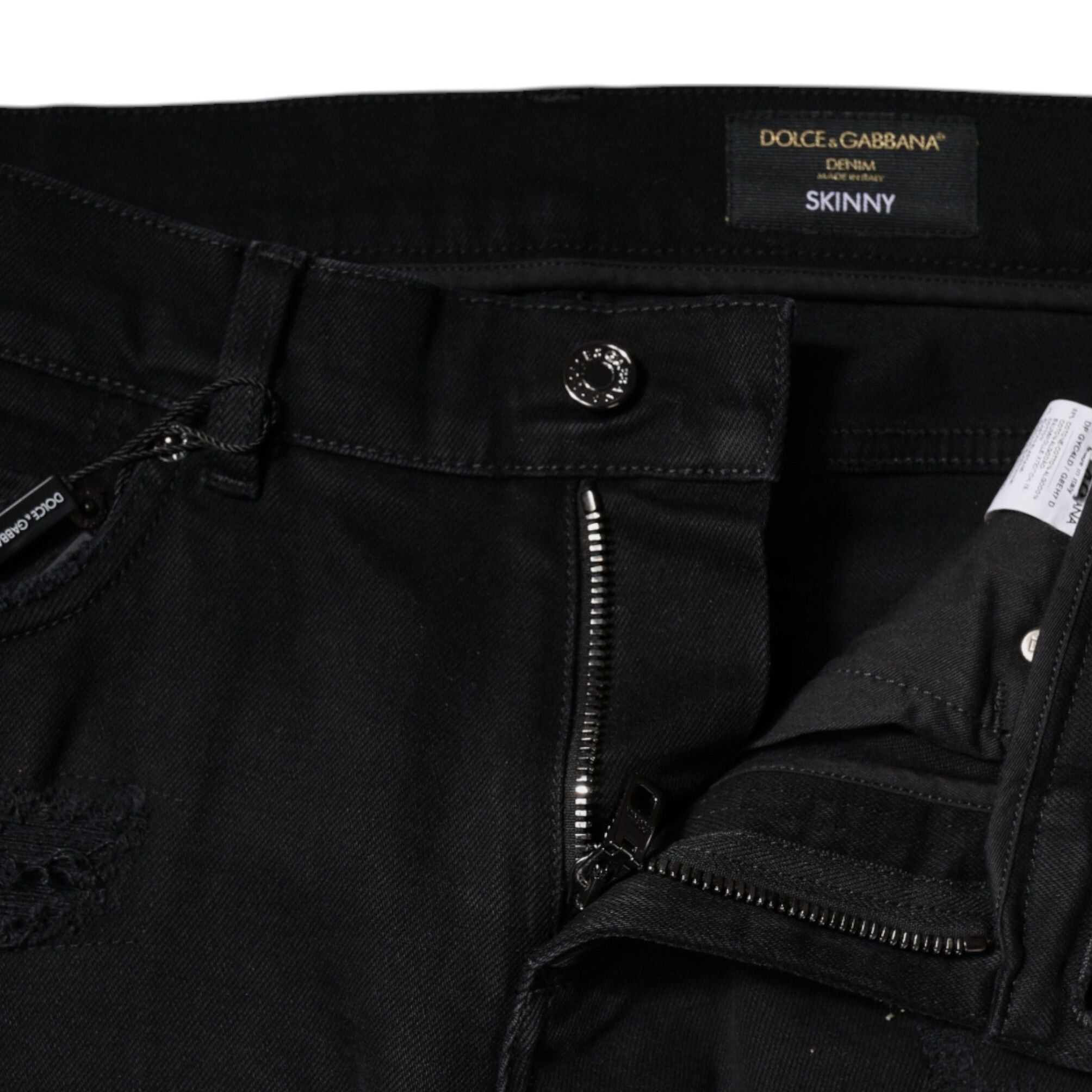 Dolce & Gabbana Black Cotton Tattered Skinny Denim Logo Jeans