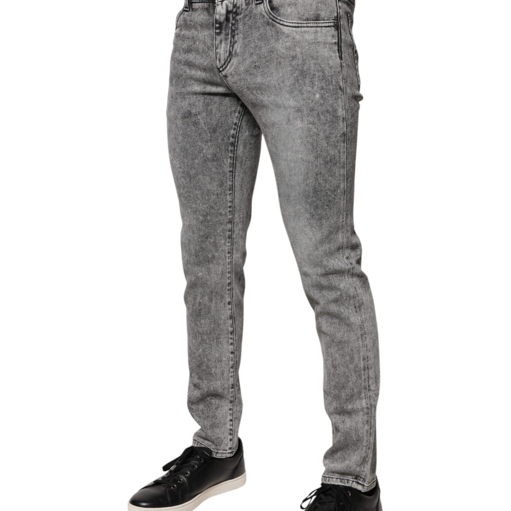 Dolce & Gabbana Gray Logo Plaque Cotton Slim Fit Denim Jeans
