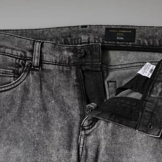 Dolce & Gabbana Gray Logo Plaque Cotton Slim Fit Denim Jeans
