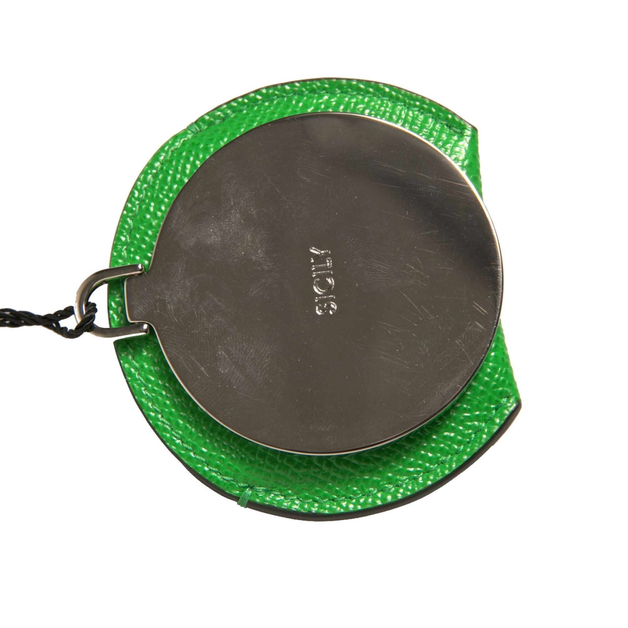 Dolce & Gabbana Green Calfskin Leather Round Logo Hand Mirror Holder