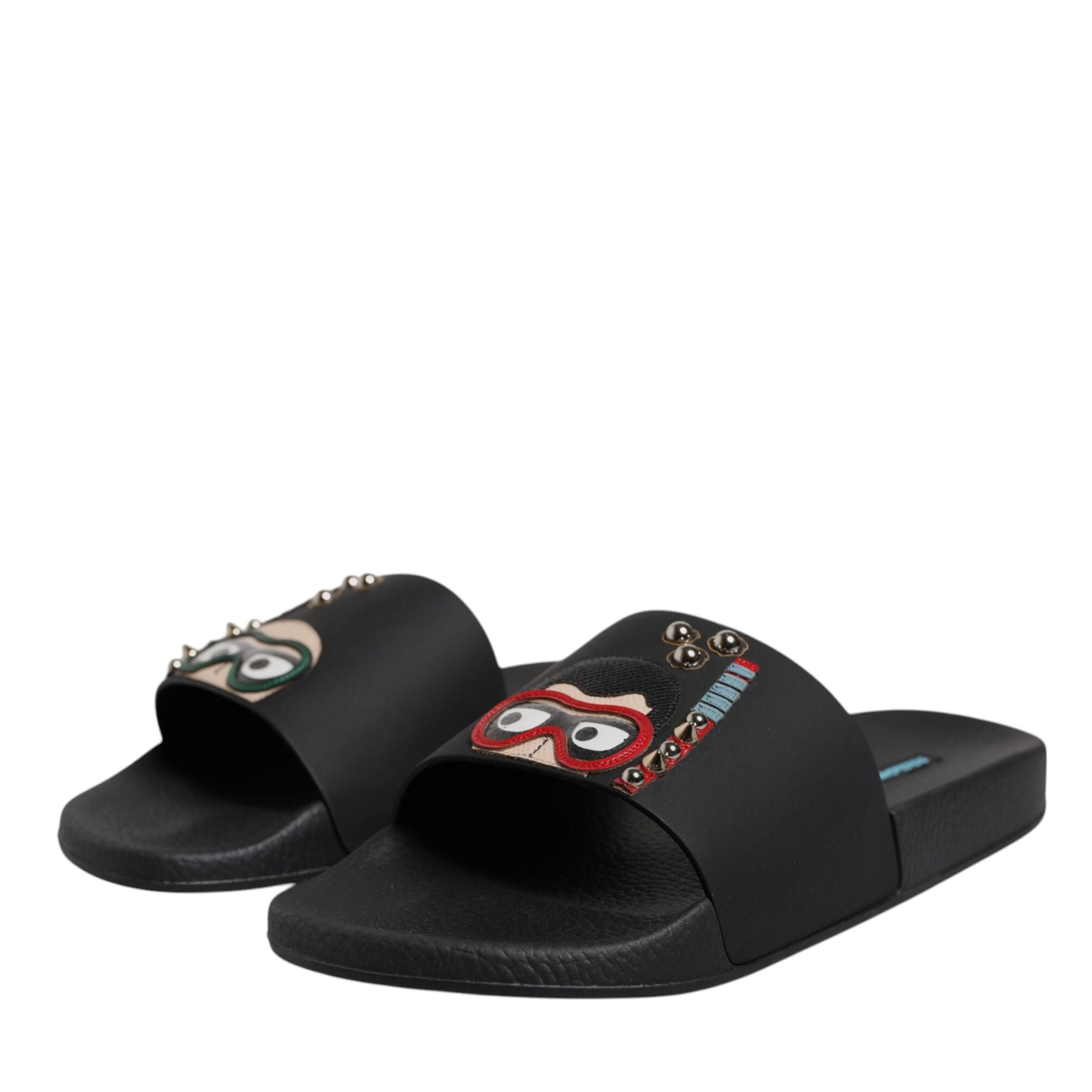 Dolce & Gabbana Black Divers Leather Flats Slides Sandals Beachwear Shoes