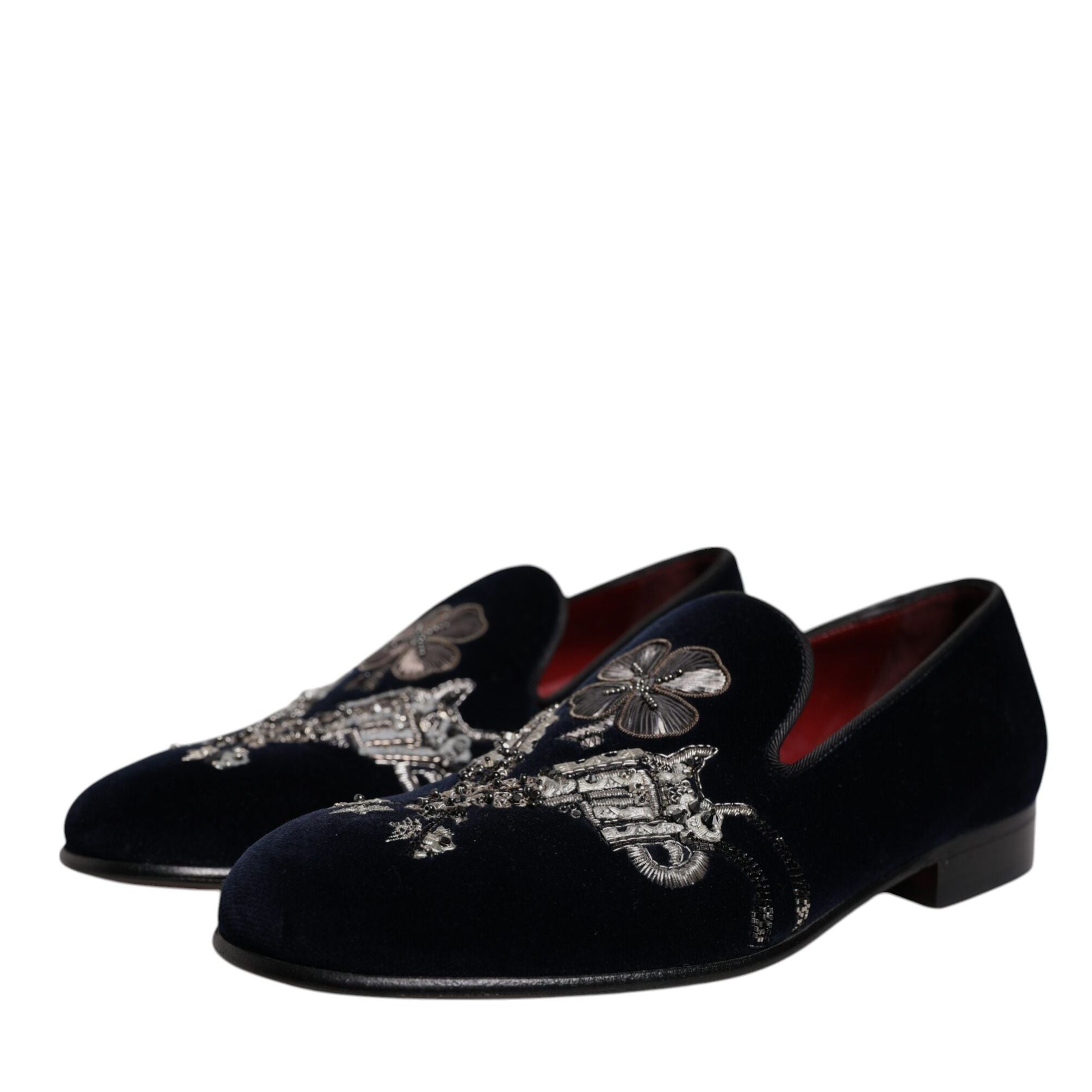 Dolce & Gabbana Black Velvet Floral Gun Loafers Dress Shoes