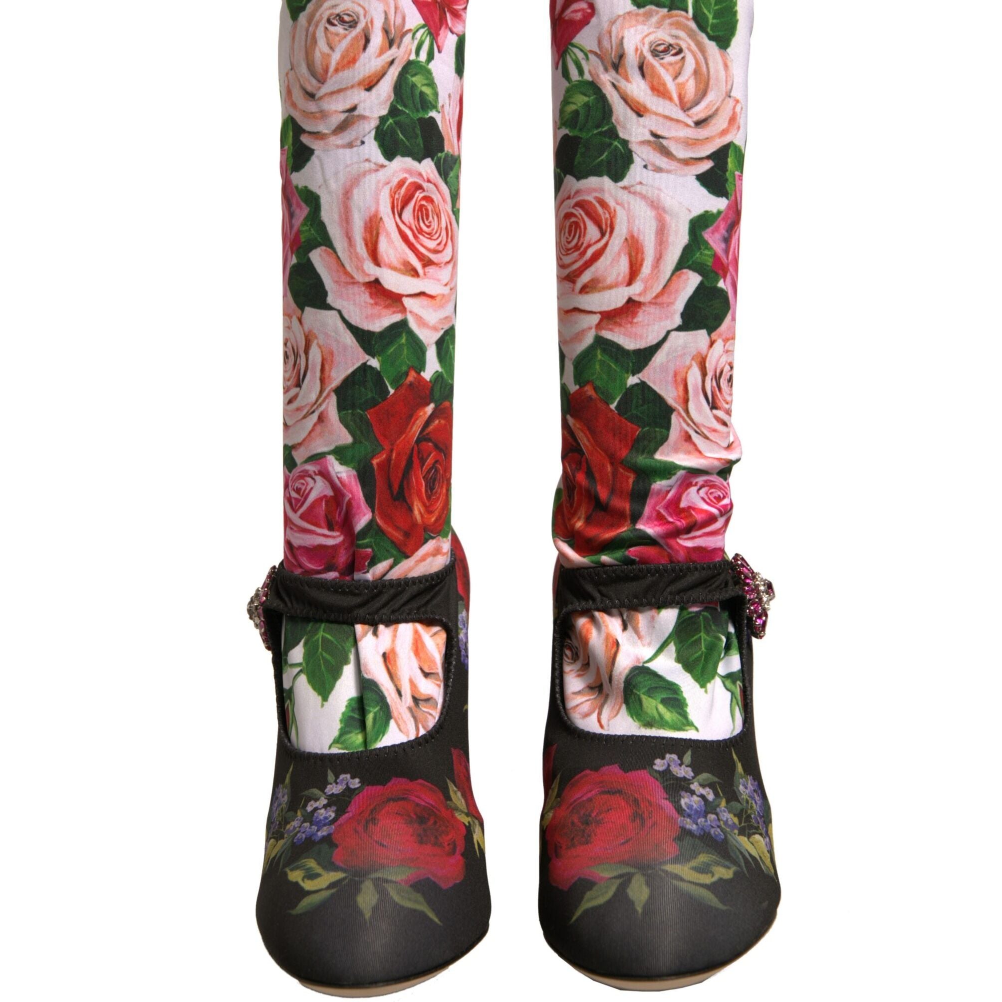 Dolce & Gabbana Black Floral Socks Crystal Boots Jersey Shoes