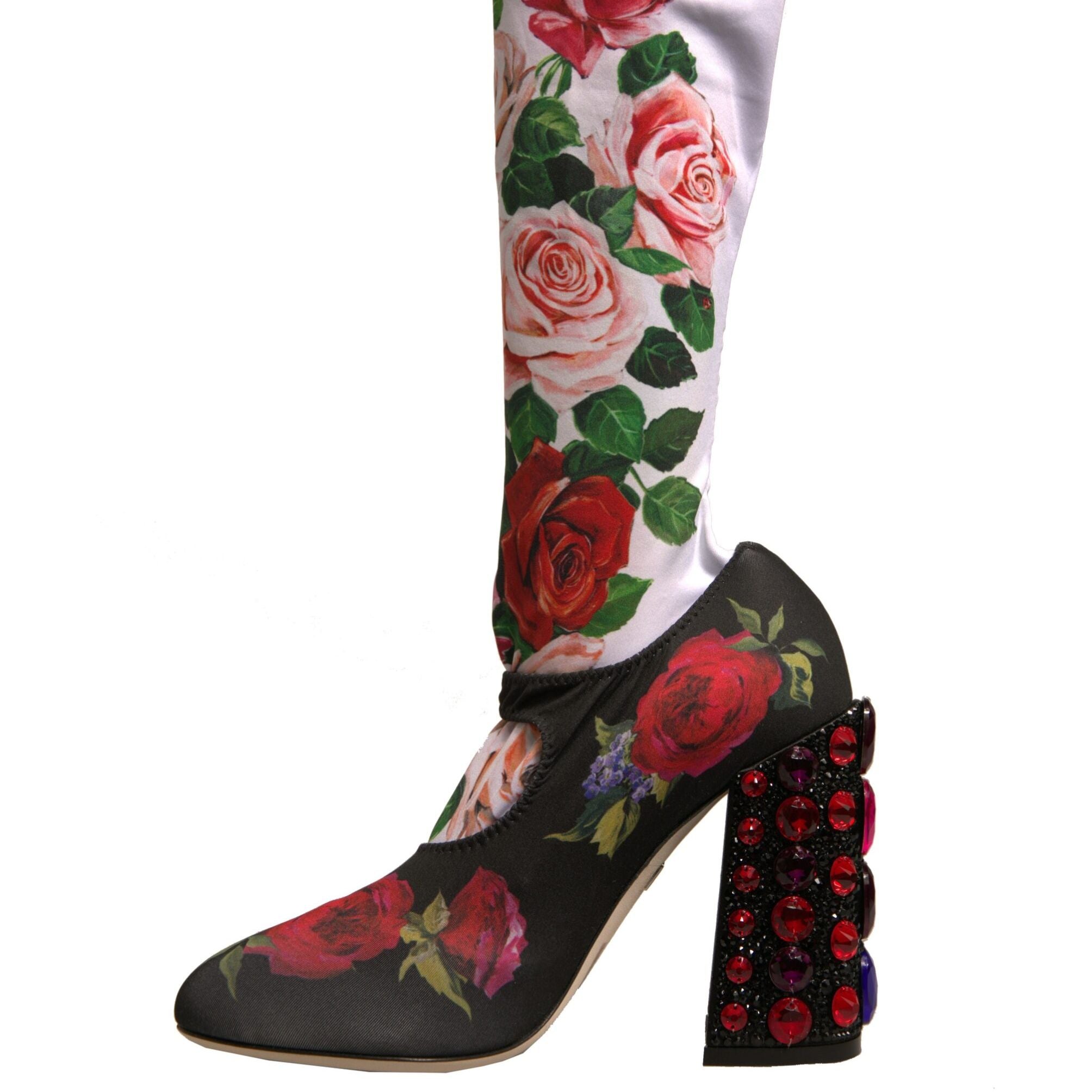 Dolce & Gabbana Black Floral Socks Crystal Boots Jersey Shoes