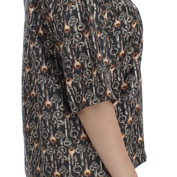 Dolce & Gabbana Gray Gold Key Print Silk Blouse T-shirt