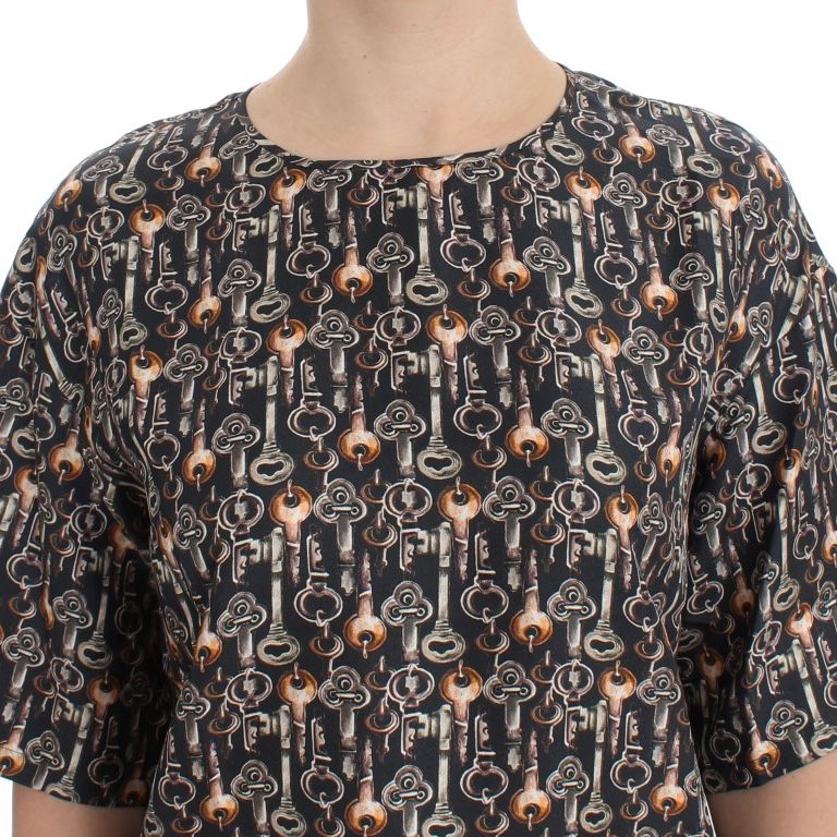 Dolce & Gabbana Gray Gold Key Print Silk Blouse T-shirt