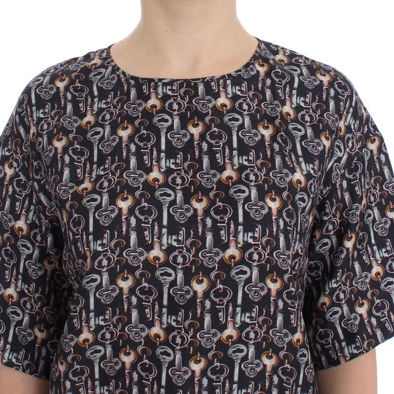 Dolce & Gabbana Gray Gold Key Print Silk Blouse T-shirt