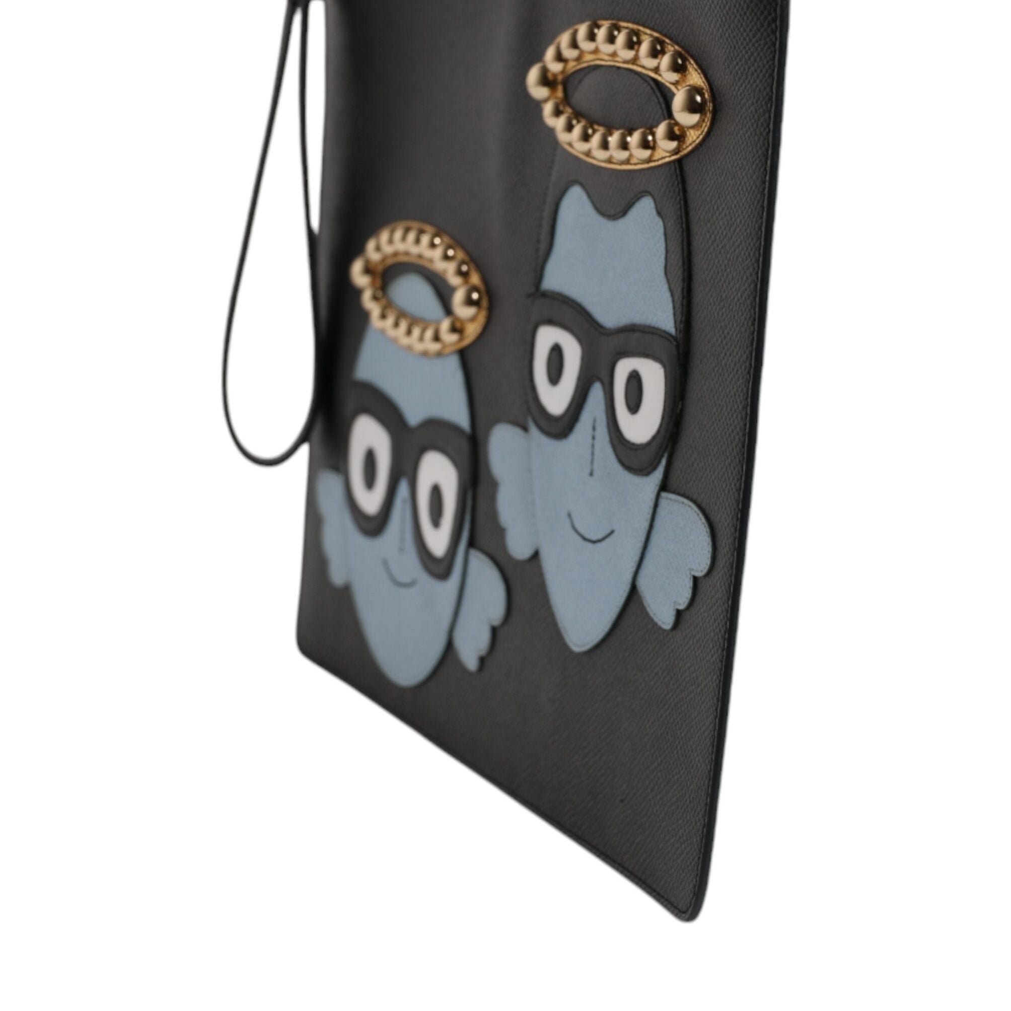Dolce & Gabbana Black Leather #DGFAMILY Embellished Men Zip Pouch Bag