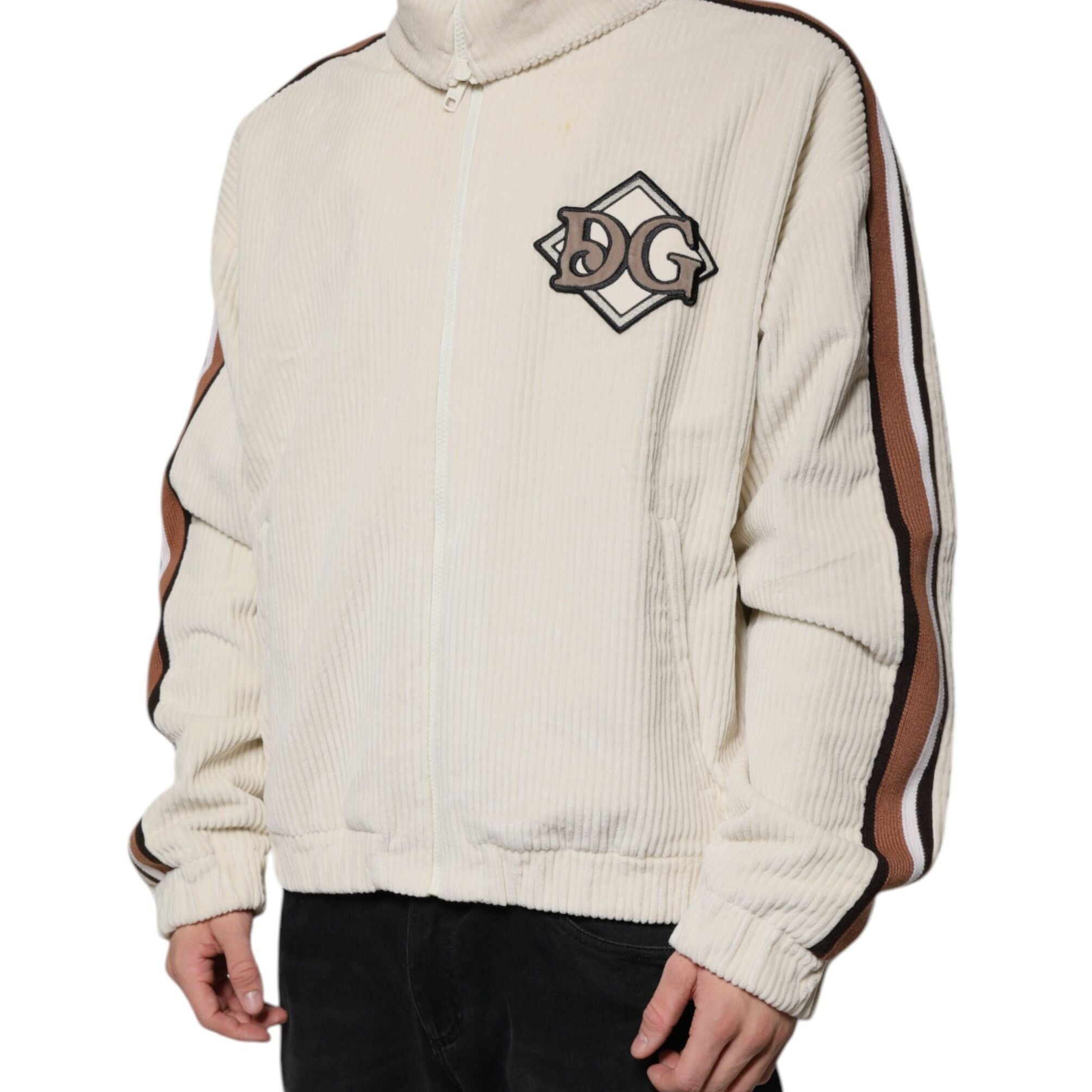 Dolce & Gabbana Beige Logo Applique Cotton Corduroy Full Zip Jacket