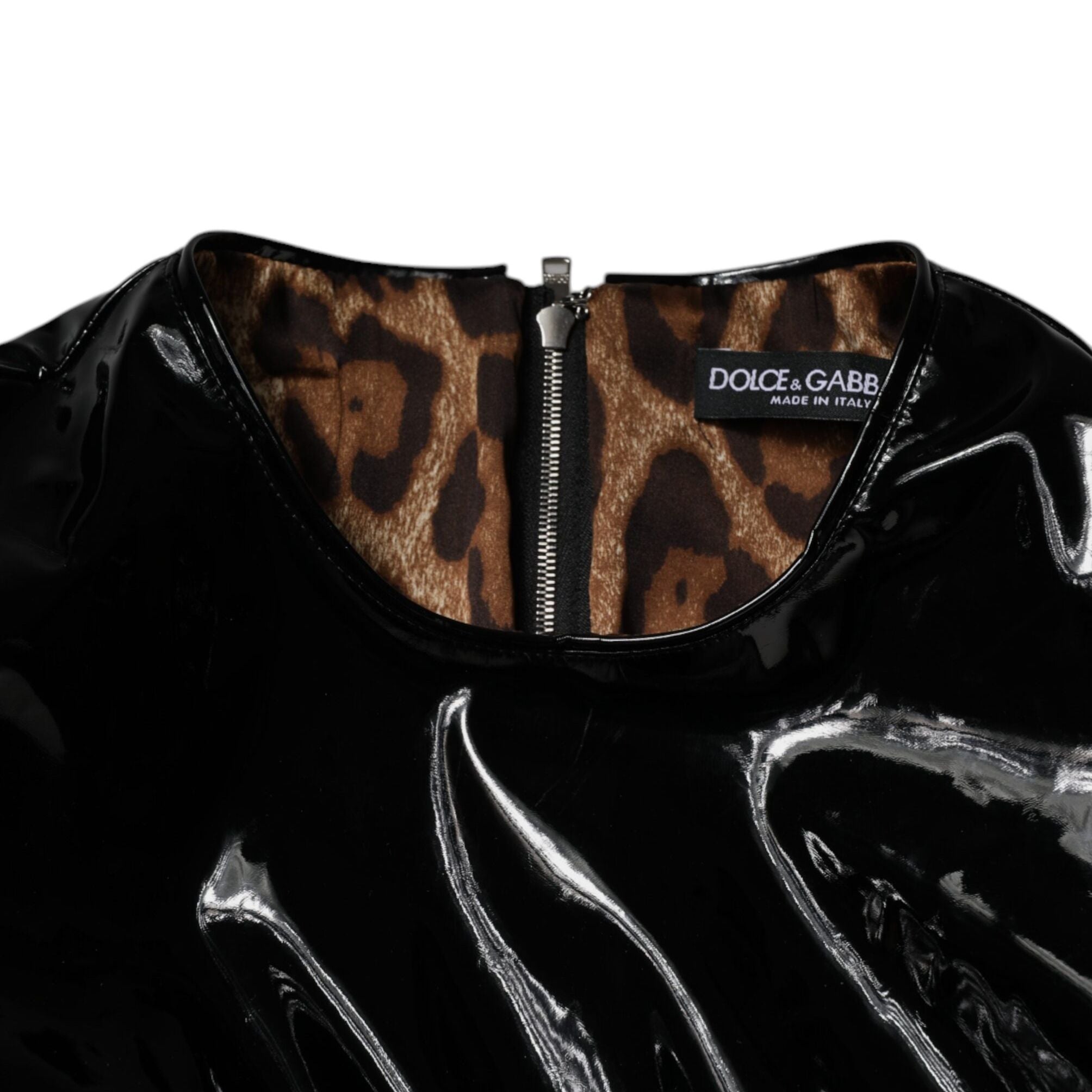 Dolce & Gabbana Black Patent Leather Puff Sleeves Mini Dress