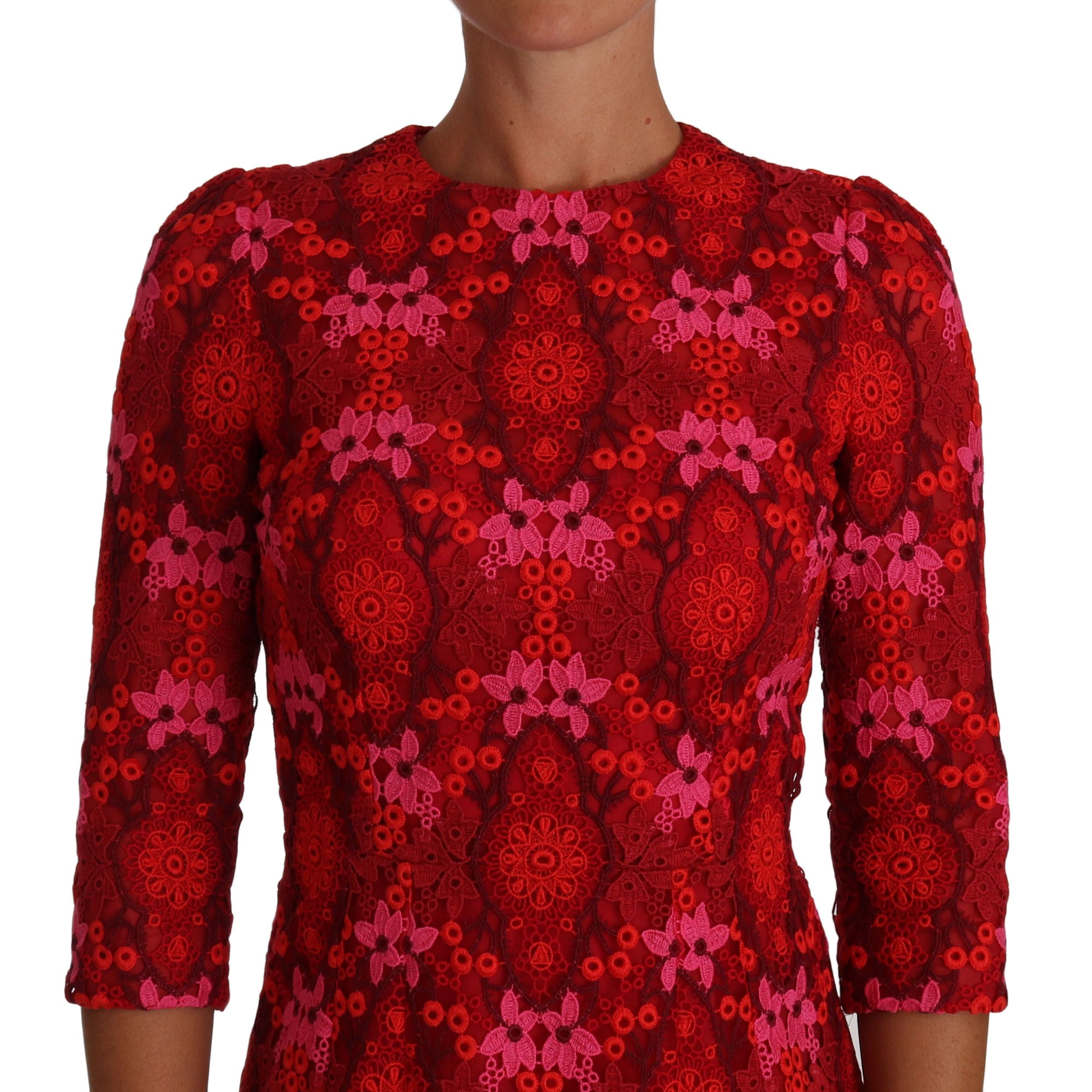 Dolce & Gabbana Floral Crochet Lace Red Pink Sheath Dress
