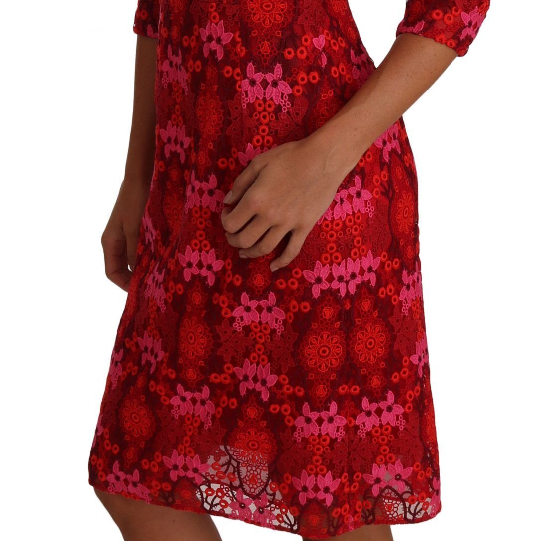 Dolce & Gabbana Floral Crochet Lace Red Pink Sheath Dress