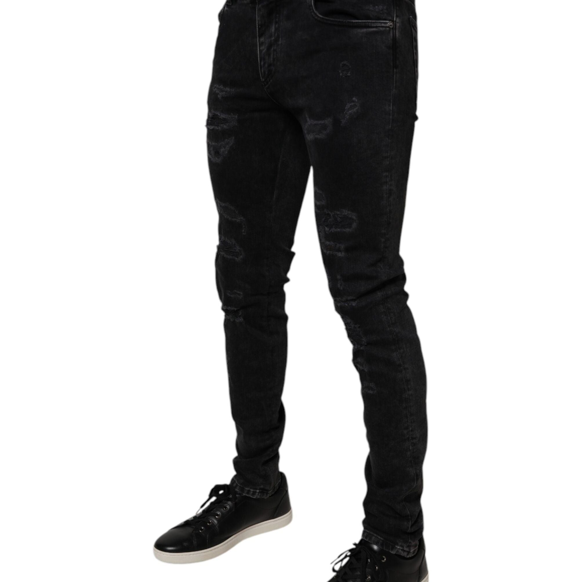 Dolce & Gabbana Black Tattered Cotton Skinny Men Denim Jeans
