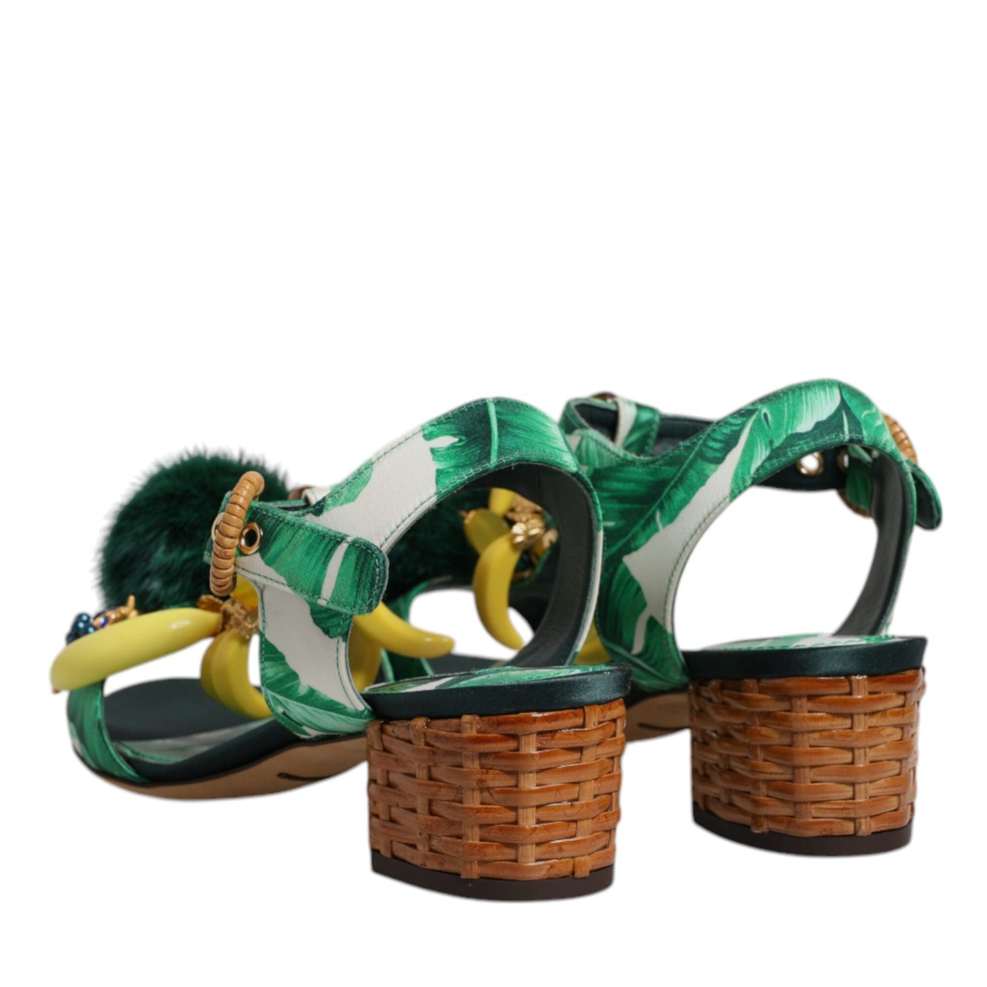 Dolce & Gabbana Green Crystal Fur Embellished Sandals Shoes