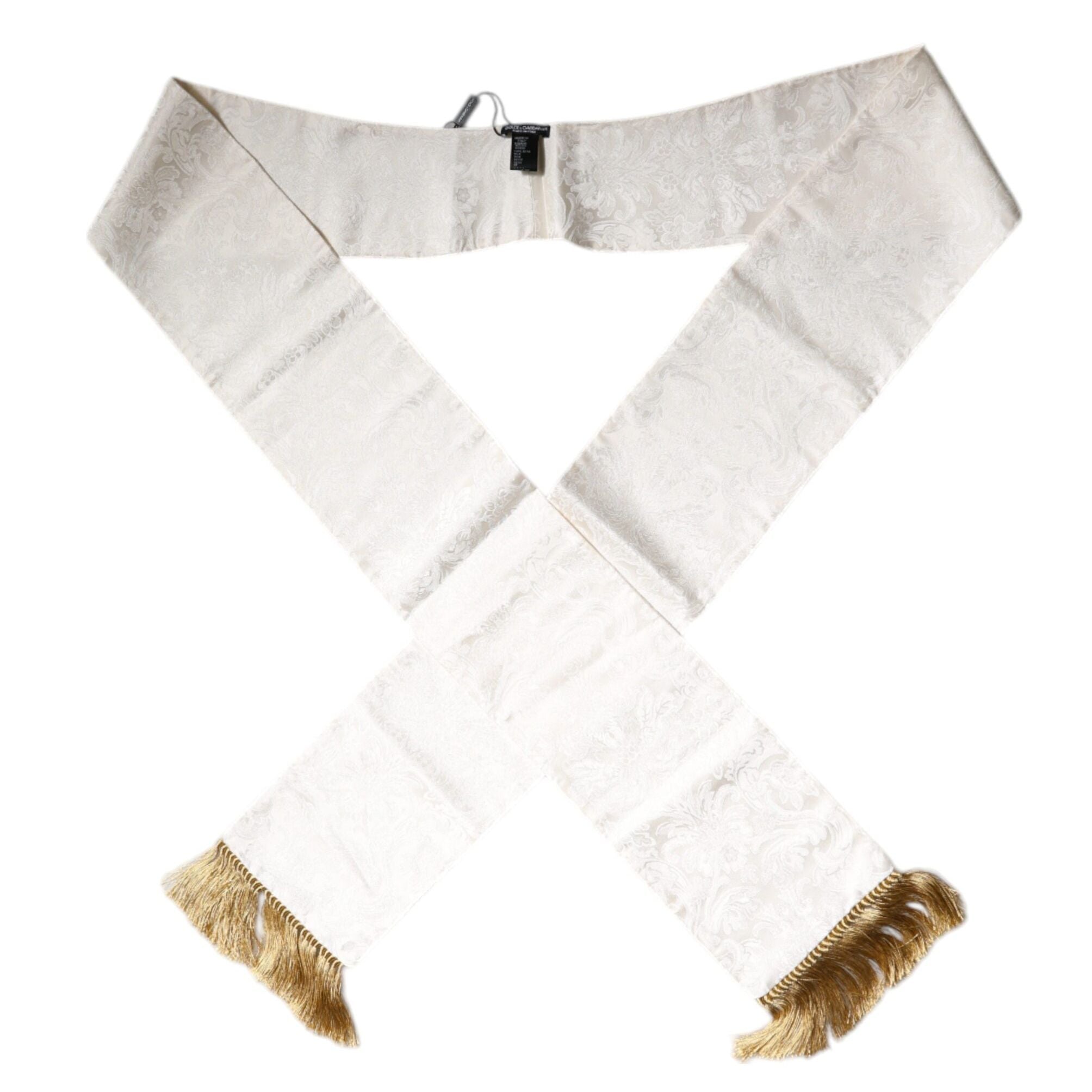 Dolce & Gabbana White Floral Jacquard Skinny Fringes Scarf