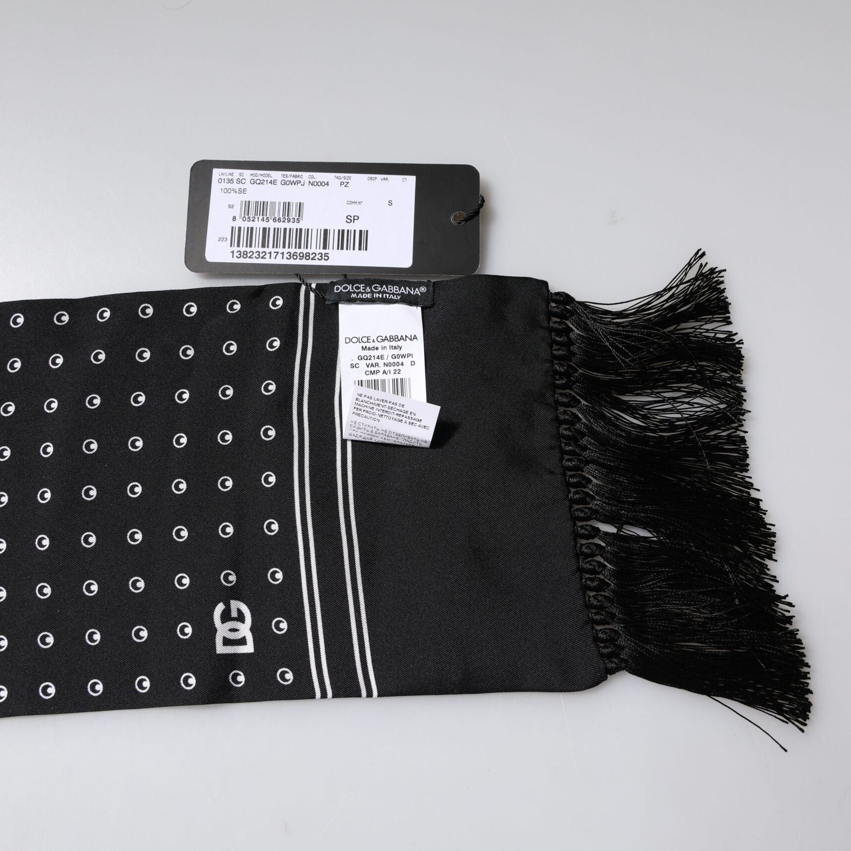 Dolce & Gabbana Black White Polka Dotted Silk Skinny Fringes Scarf