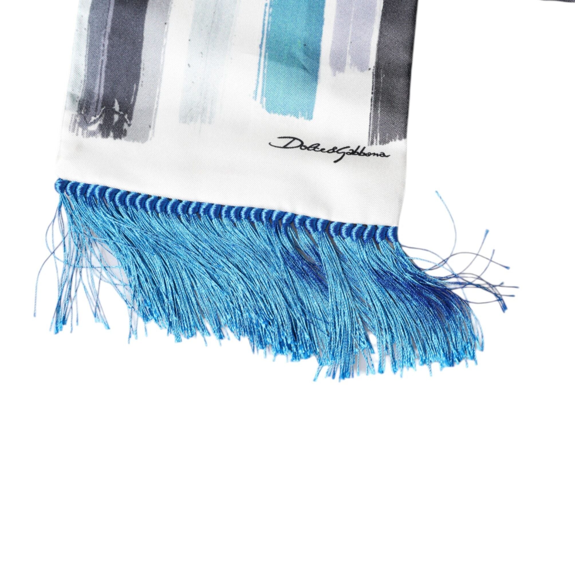 Dolce & Gabbana White Blue Stripes Silk Fringes Wrap Scarf