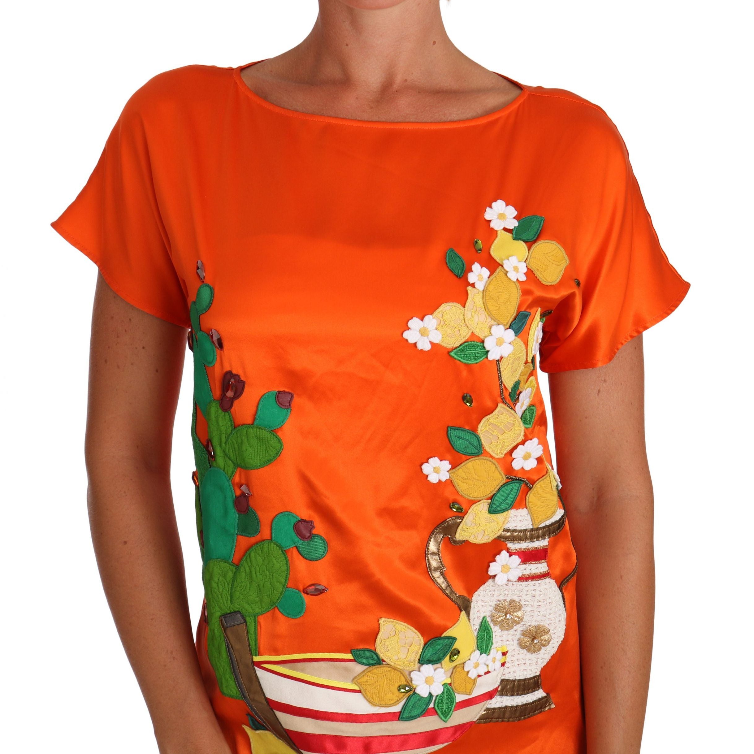 Dolce & Gabbana Silk Orange Lemon Crystal T-shirt Top