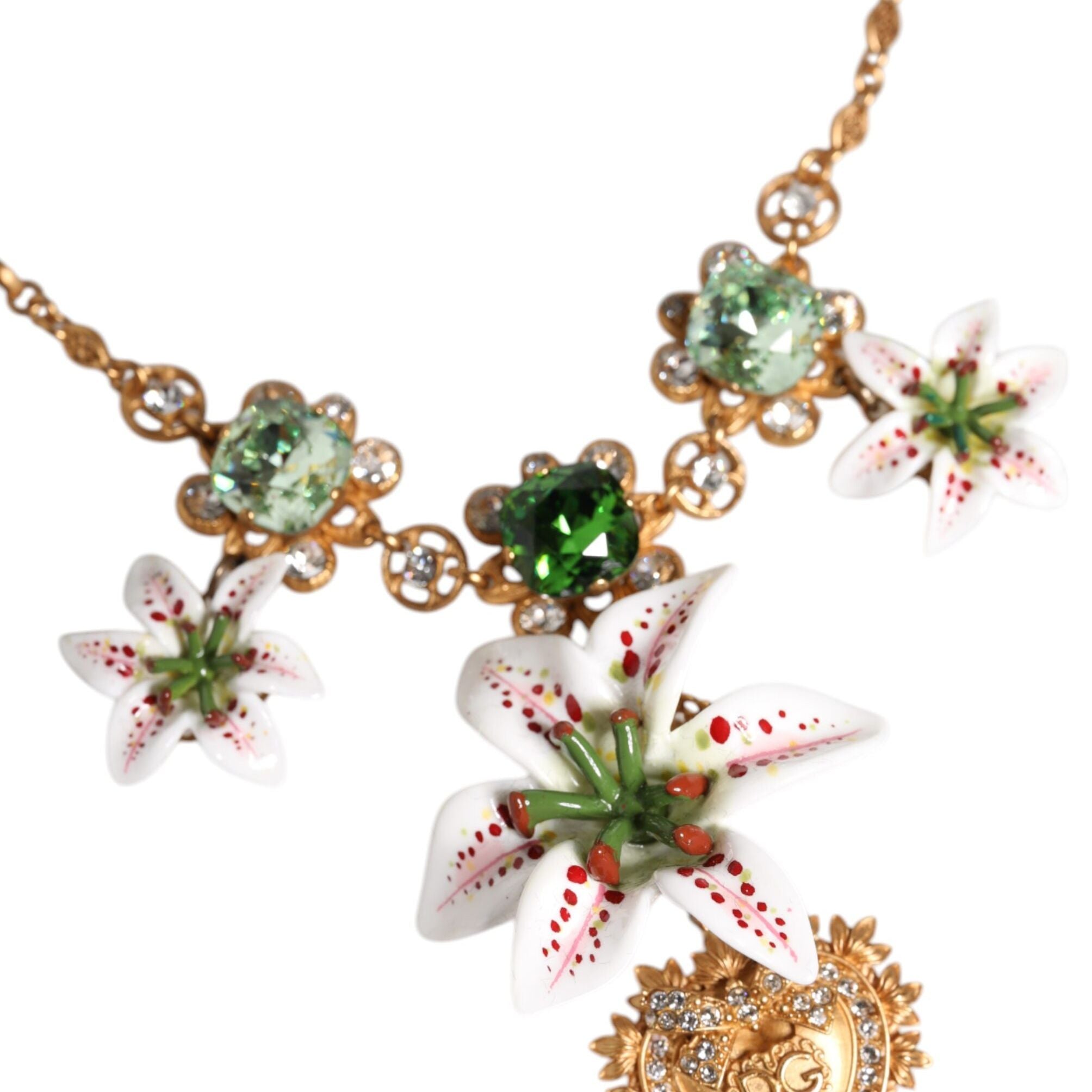 Dolce & Gabbana Gold Brass Lily Crystal Sacred Heart Pendant Necklace