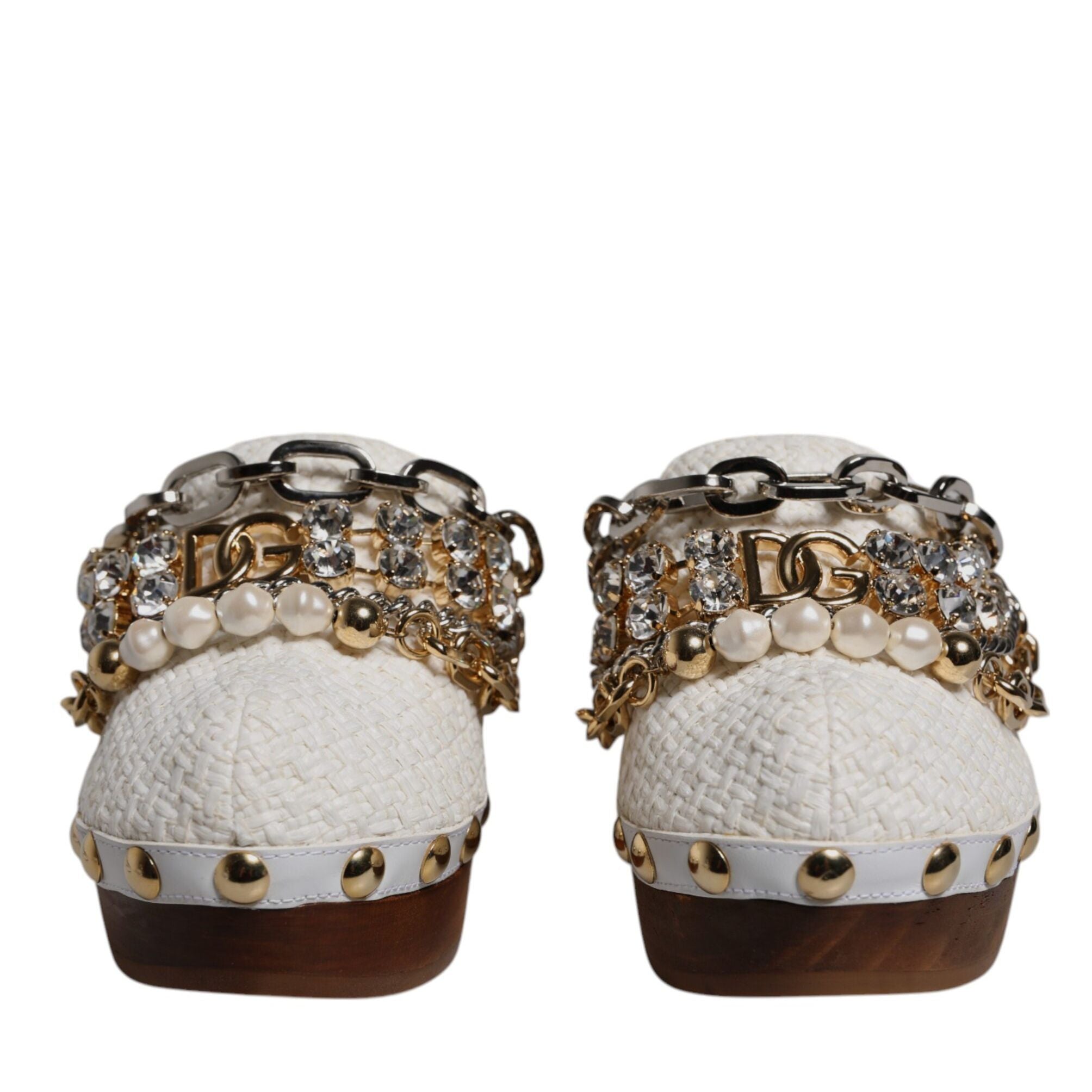 Dolce & Gabbana White Raffia Clogs Bejeweled Chain Sandals Shoes