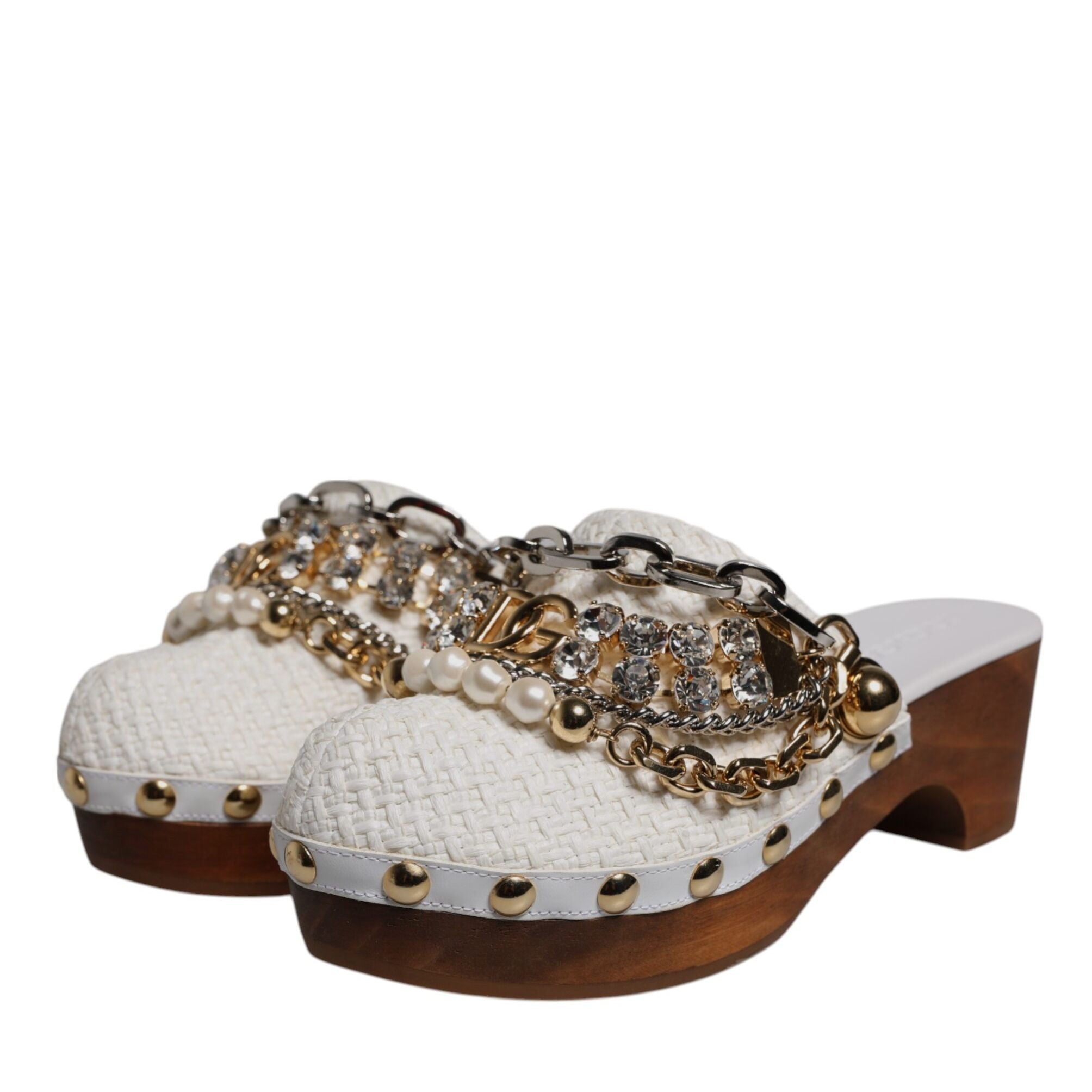 Dolce & Gabbana White Raffia Clogs Bejeweled Chain Sandals Shoes