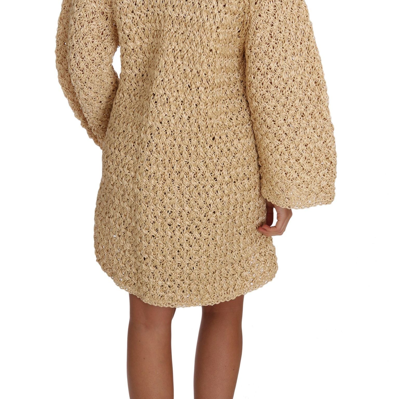 Dolce & Gabbana Beige Cardigan Crochet Knitted Raffia Sweater