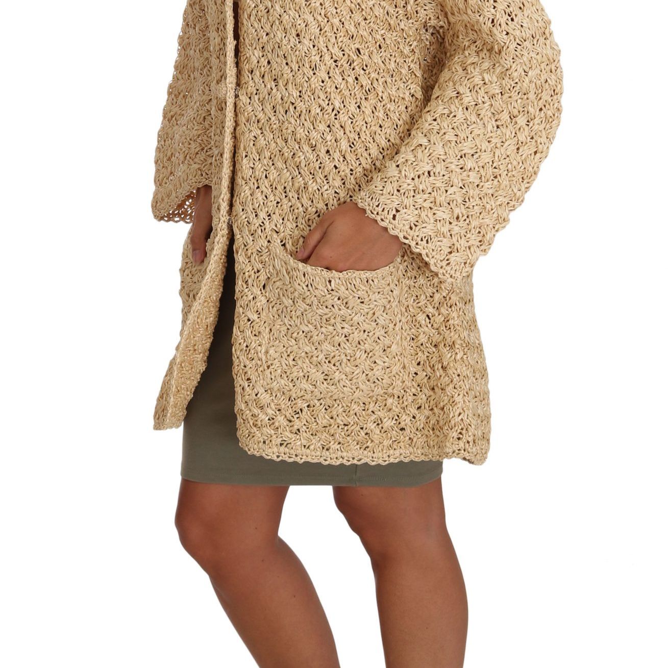 Dolce & Gabbana Beige Cardigan Crochet Knitted Raffia Sweater