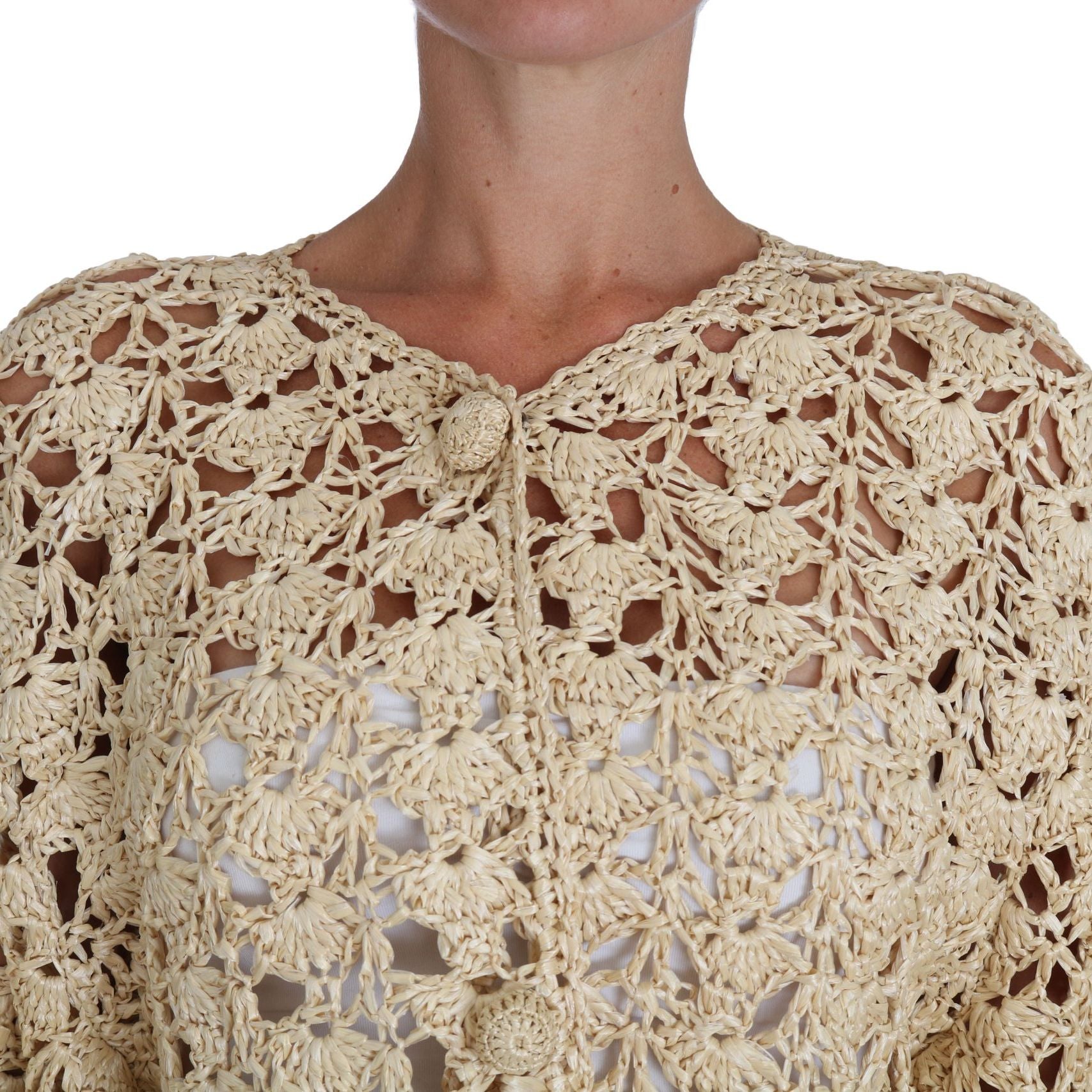 Dolce & Gabbana Beige Cardigan Crochet Knitted Raffia Sweater