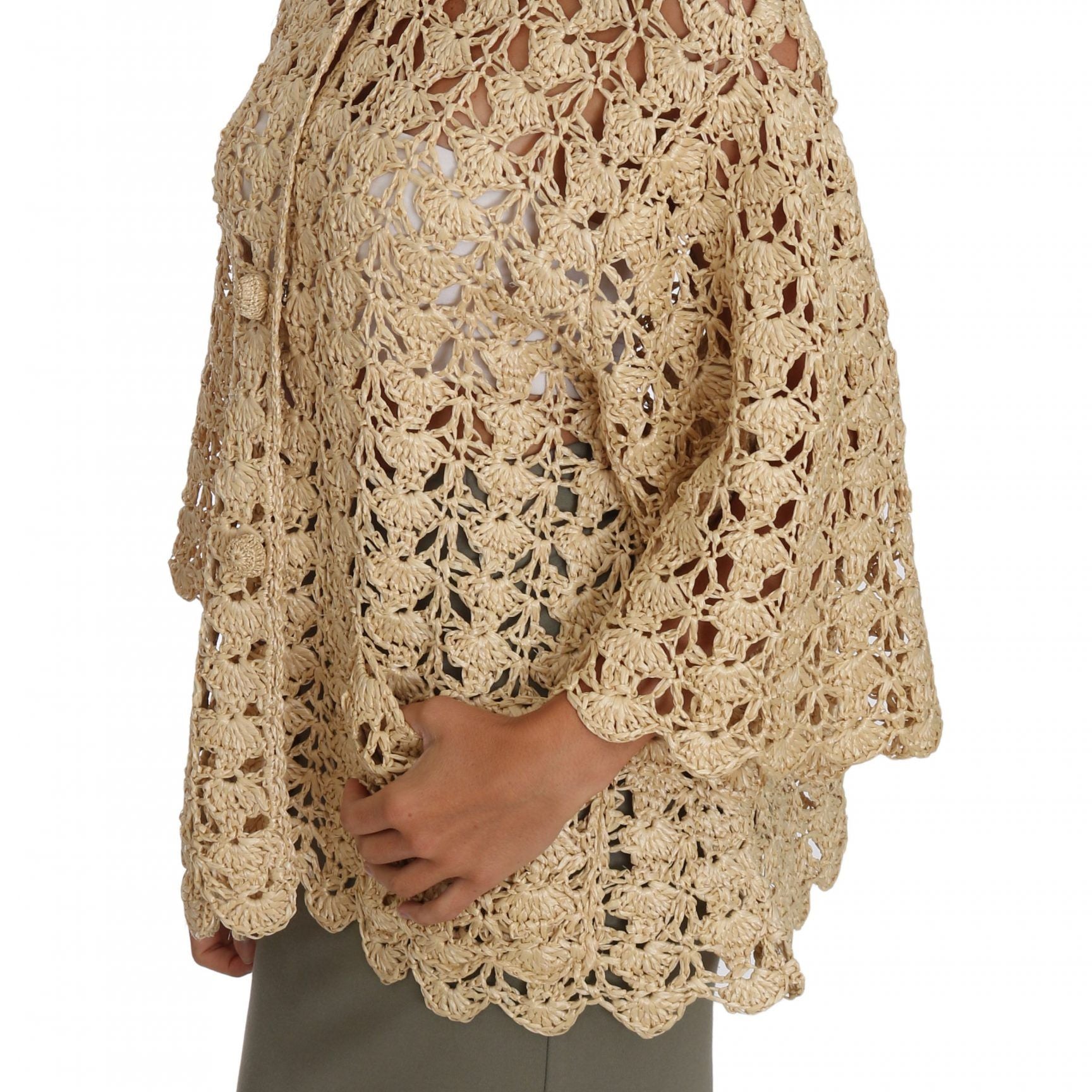 Dolce & Gabbana Beige Cardigan Crochet Knitted Raffia Sweater