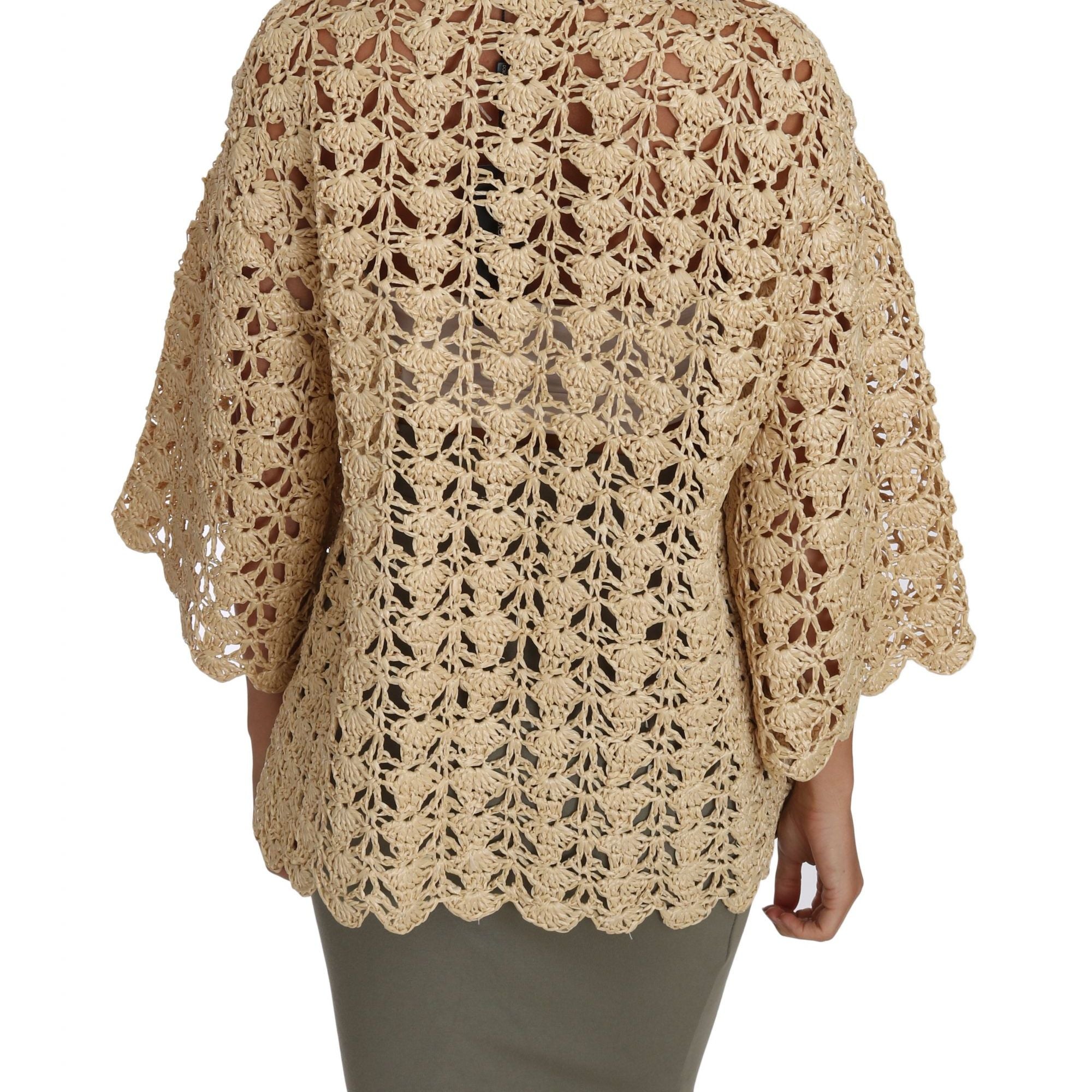 Dolce & Gabbana Beige Cardigan Crochet Knitted Raffia Sweater