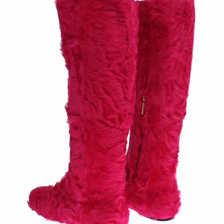 Dolce & Gabbana Pink Lamb Fur Leather Flat Boots Shoes
