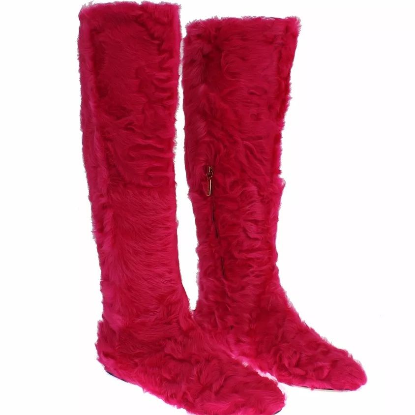 Dolce & Gabbana Pink Lamb Fur Leather Flat Boots Shoes