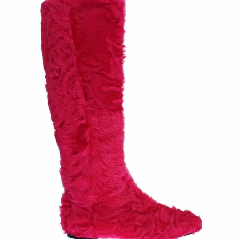 Dolce & Gabbana Pink Lamb Fur Leather Flat Boots Shoes