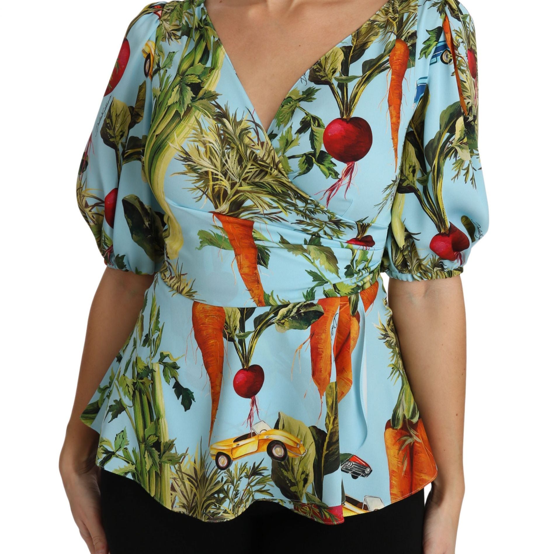 Dolce & Gabbana Multicolor Vegetable Print Silk Top Peplum Wrap Blouse