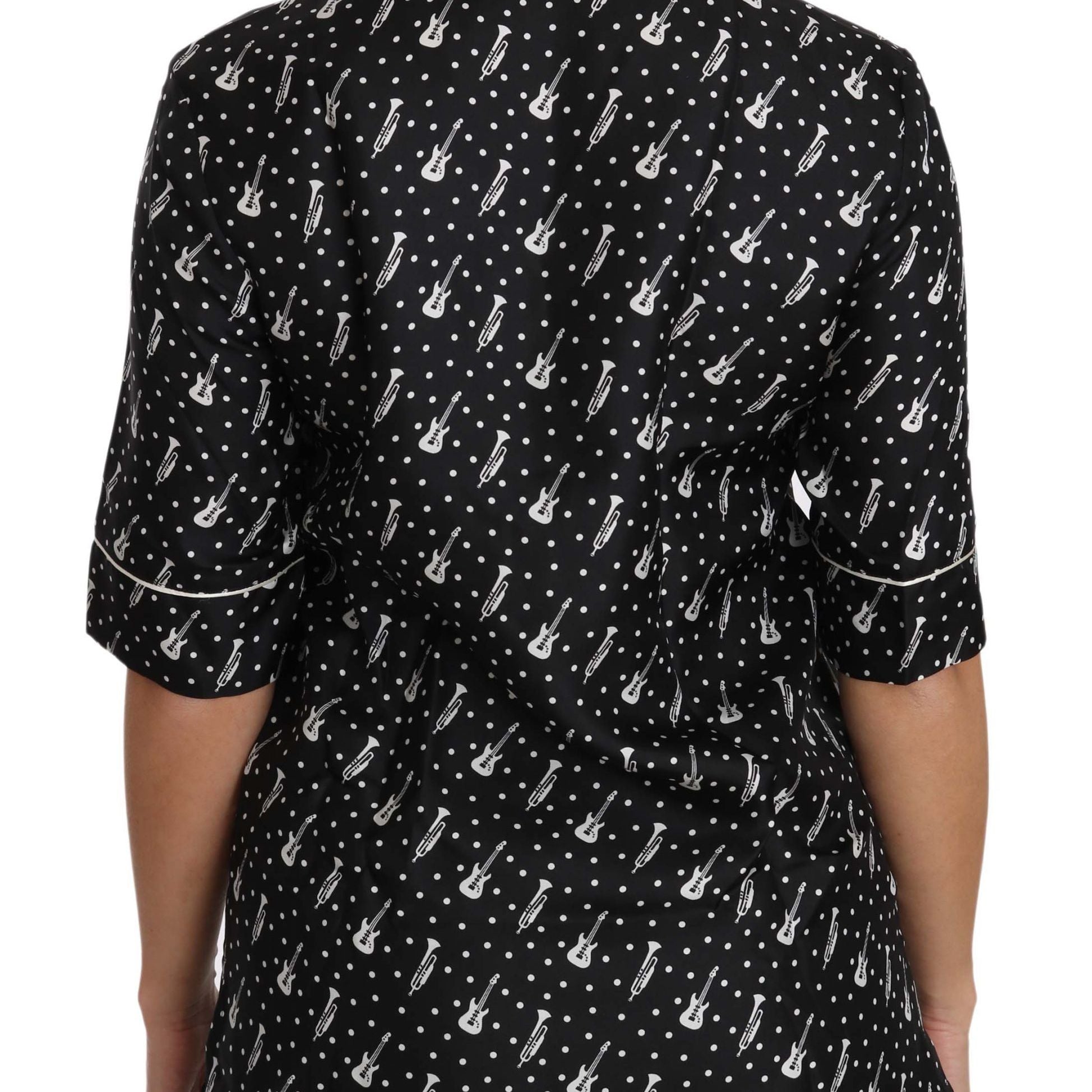 Dolce & Gabbana Black GuitarTrumpet Print Silk Shirt Top