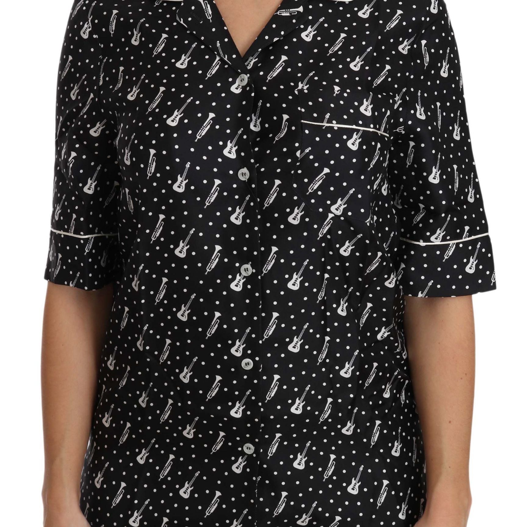 Dolce & Gabbana Black GuitarTrumpet Print Silk Shirt Top