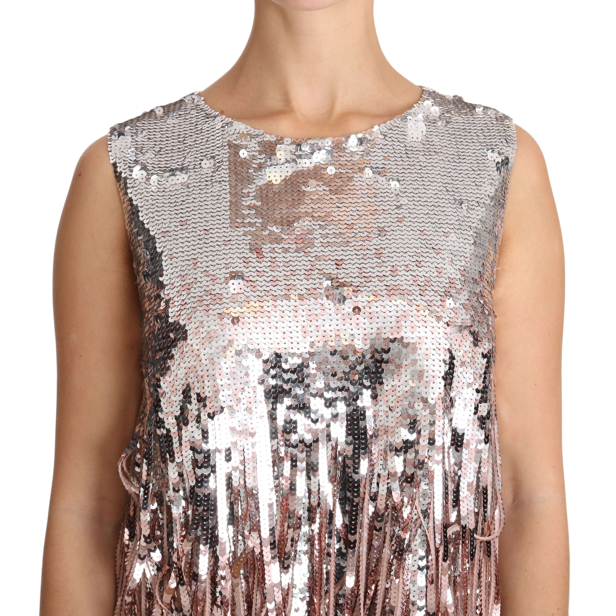 Dolce & Gabbana Golden Pink Sequined Fringe Tank Top