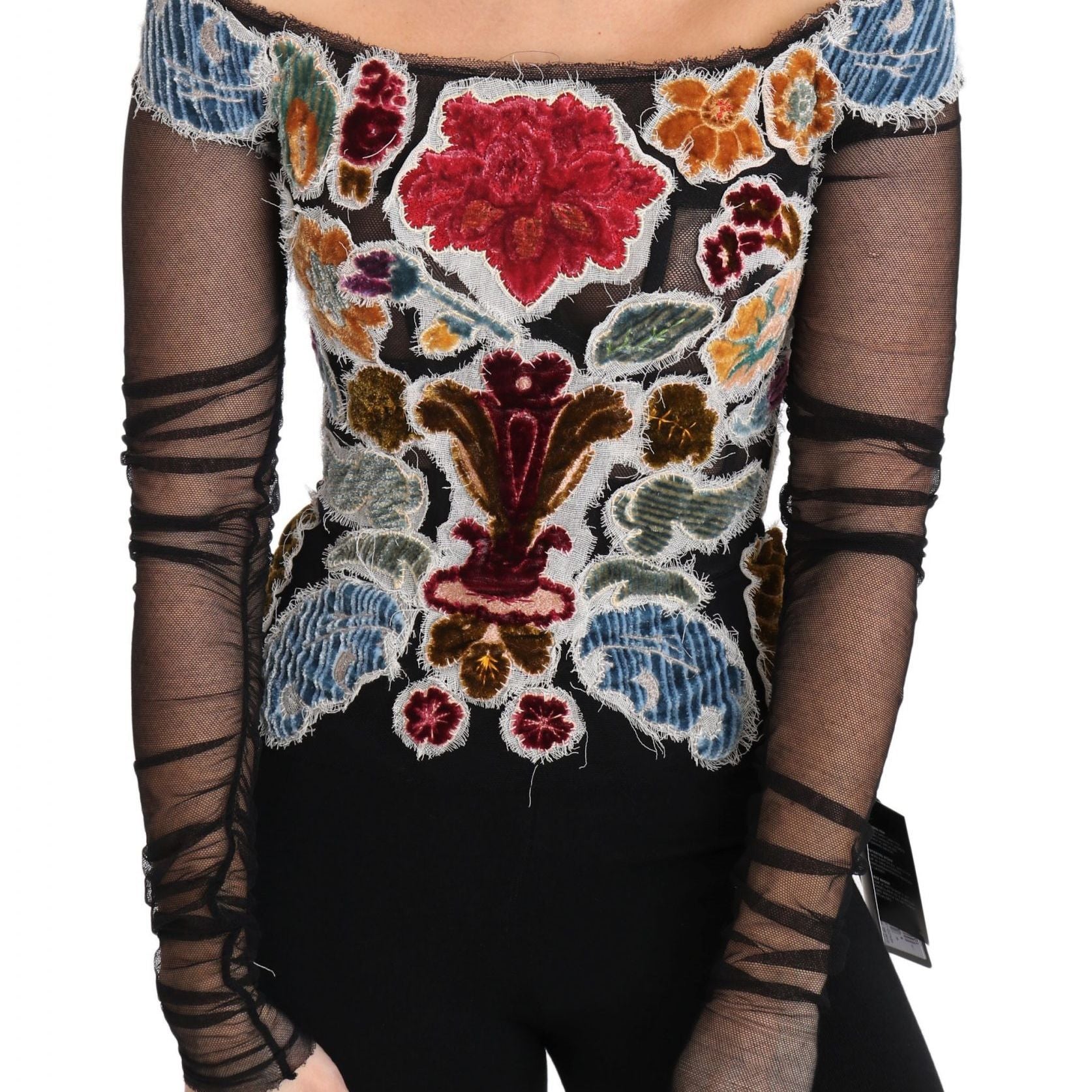 Dolce & Gabbana Black Floral Ricamo Top T-shirt Blouse