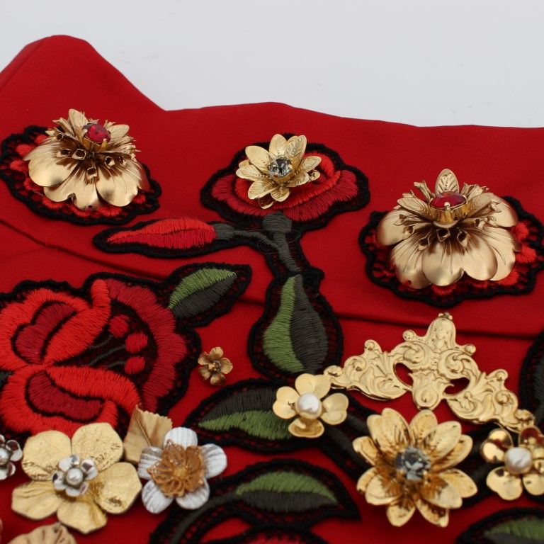 Dolce & Gabbana Red Silk Crystal Roses Shorts