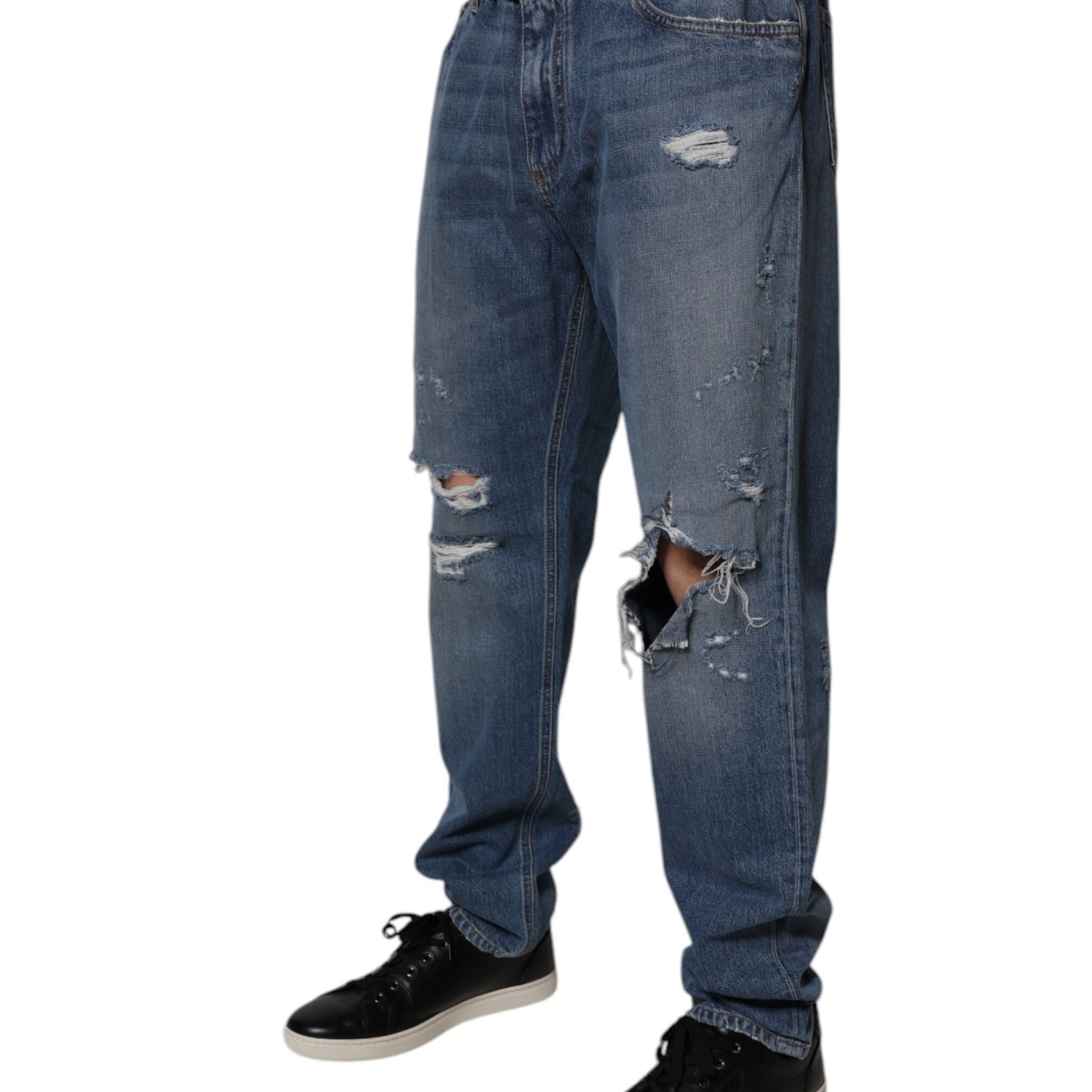 Dolce & Gabbana Blue Tattered Cotton Straight Denim Jeans