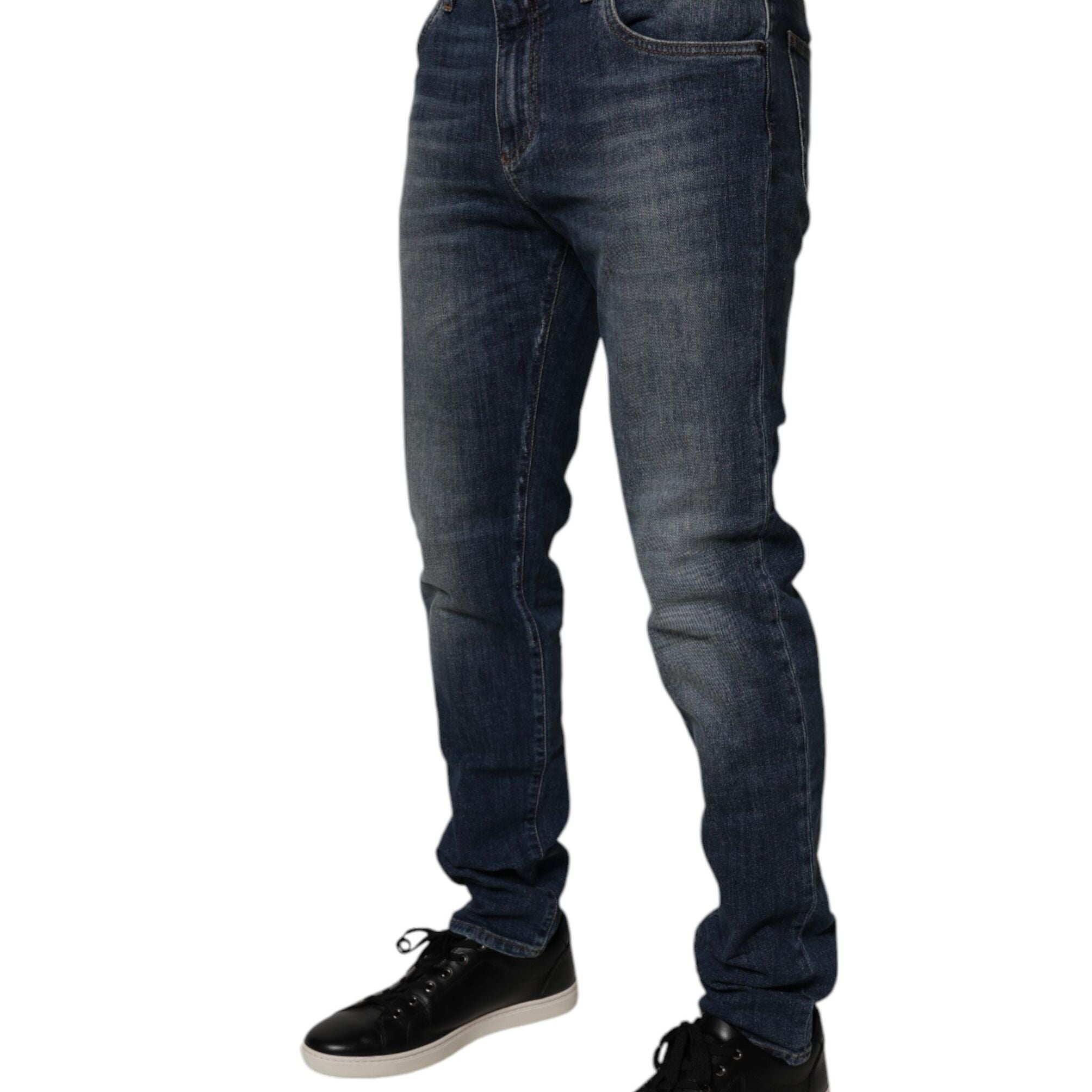Dolce & Gabbana Dark Blue Cotton Leather Skinny Denim Jeans