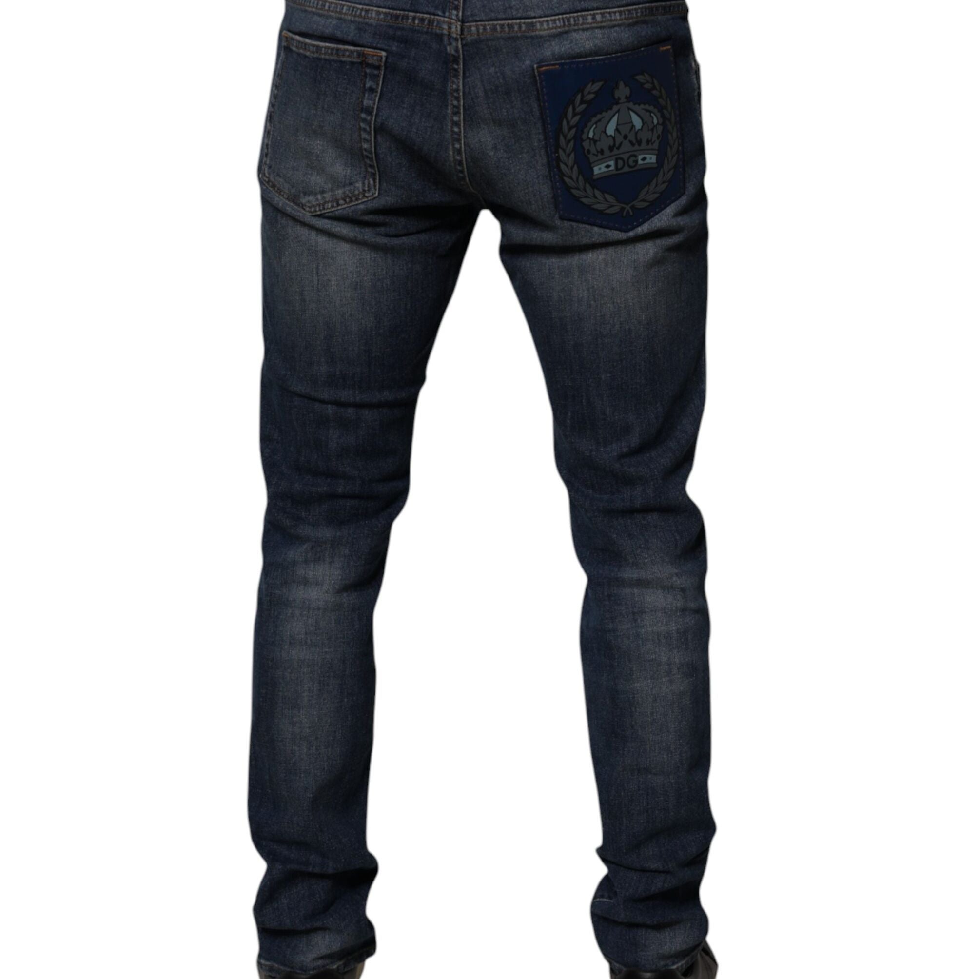 Dolce & Gabbana Dark Blue Cotton Leather Skinny Denim Jeans