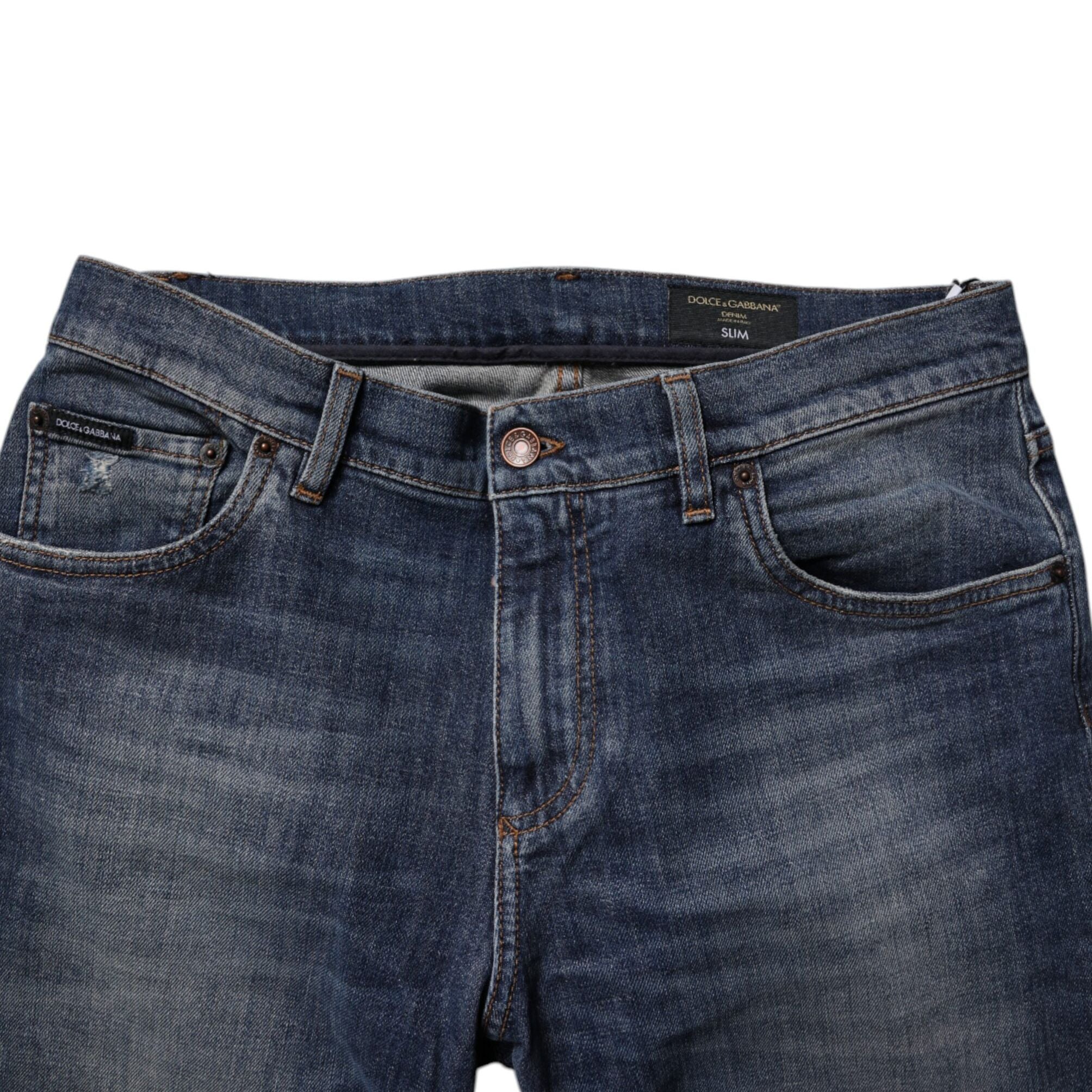 Dolce & Gabbana Dark Blue Cotton Leather Skinny Denim Jeans